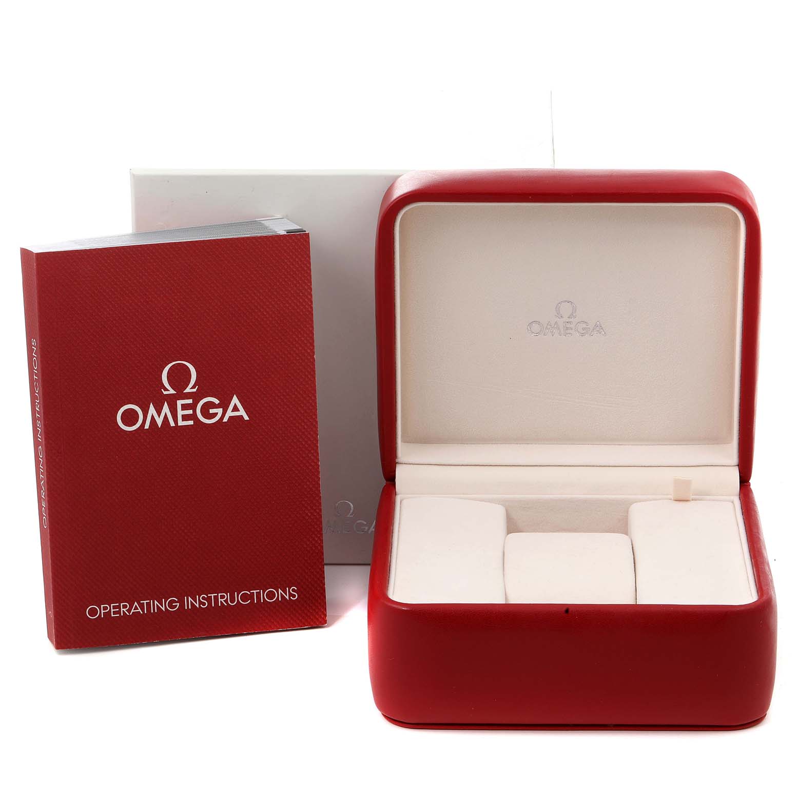 The image shows an Omega Seamaster 2232.80.00 Men's Titanium Blue Dial 2232.80.00 Men's Titanium Blue Dial watch's red operating instructions manual and its open red watch box with the logo inside.