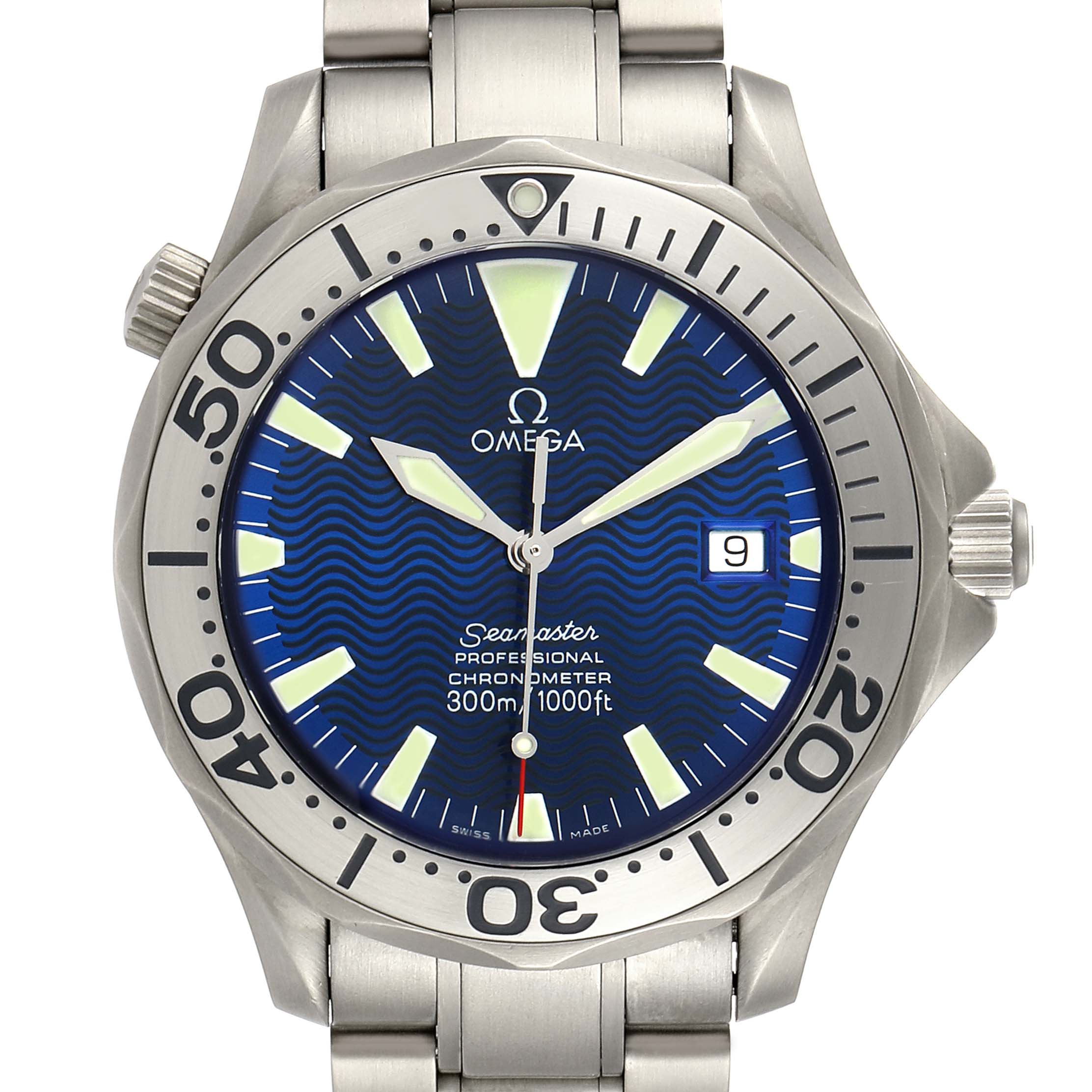 This image shows a front view of the Omega Seamaster 2232.80.00 Men's Titanium Blue Dial 2232.80.00 Men's Titanium Blue Dial watch, displaying the face, bezel, crown, and part of the bracelet.