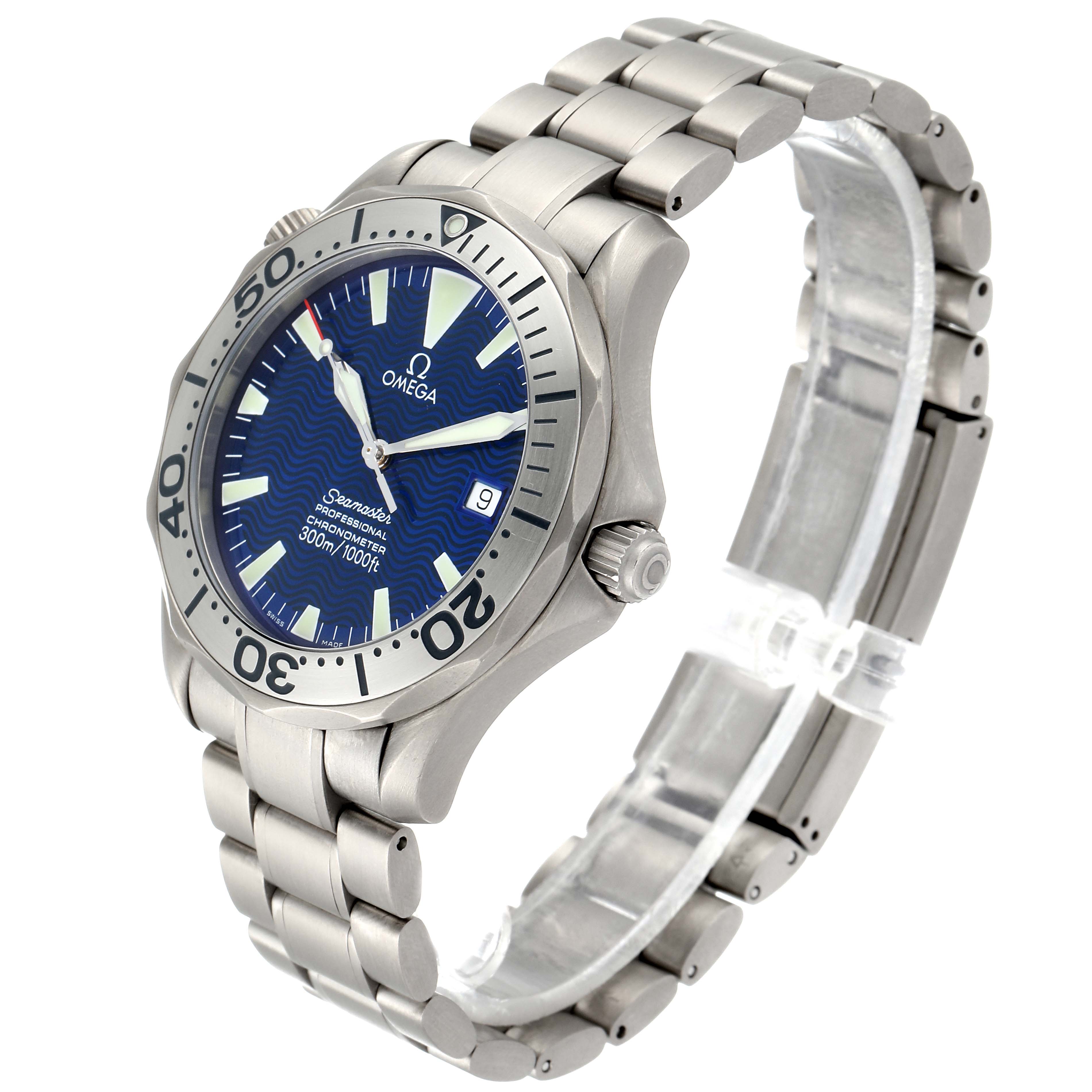 The image shows a side angle of the Omega Seamaster 2232.80.00 Men's Titanium Blue Dial 2232.80.00 Men's Titanium Blue Dial watch, highlighting its dial, bezel, bracelet, and crown.