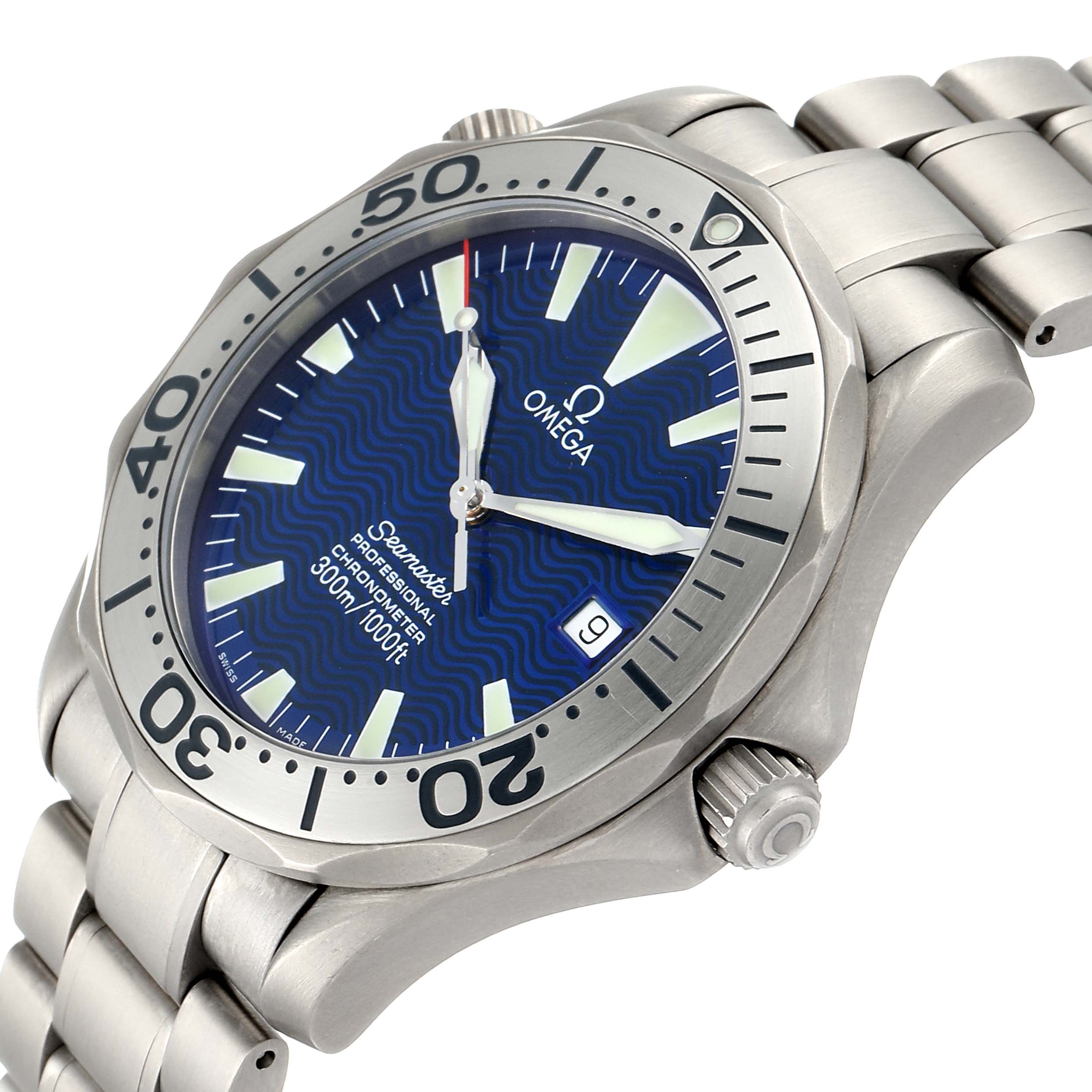The image shows an angled view of an Omega Seamaster 2232.80.00 Men's Titanium Blue Dial 2232.80.00 Men's Titanium Blue Dial watch, highlighting its face, bezel, crown, and bracelet.