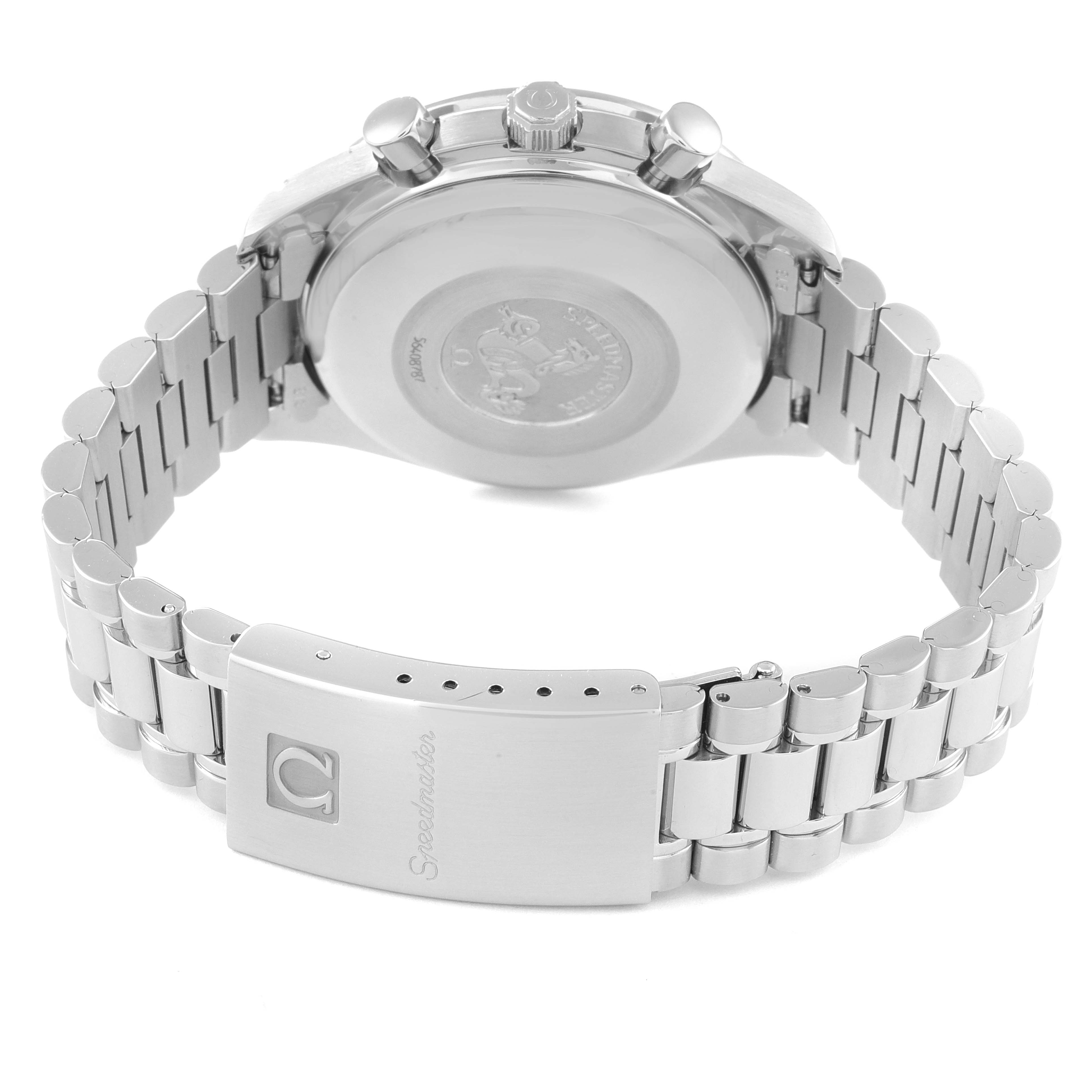 The image shows the back of an Omega Speedmaster 3521.30.00 Men's Stainless Steel Silver Dial 3521.30.00 Men's Stainless Steel Silver Dial watch, highlighting the case back and metal bracelet with a clasp.