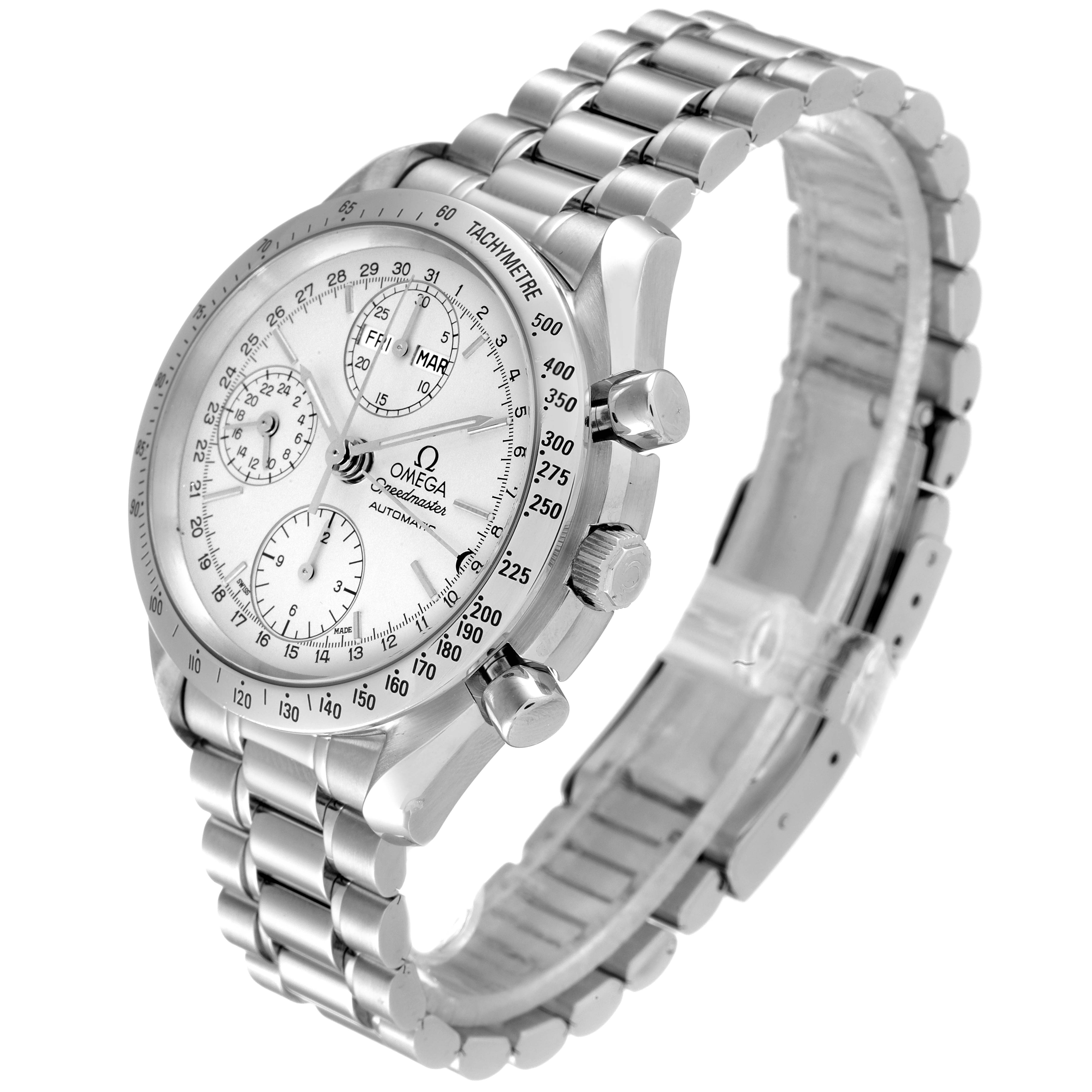 The Omega Speedmaster 3521.30.00 Men's Stainless Steel Silver Dial 3521.30.00 Men's Stainless Steel Silver Dial watch is shown at an angled side view highlighting its face, bezel, buttons, and stainless steel bracelet.