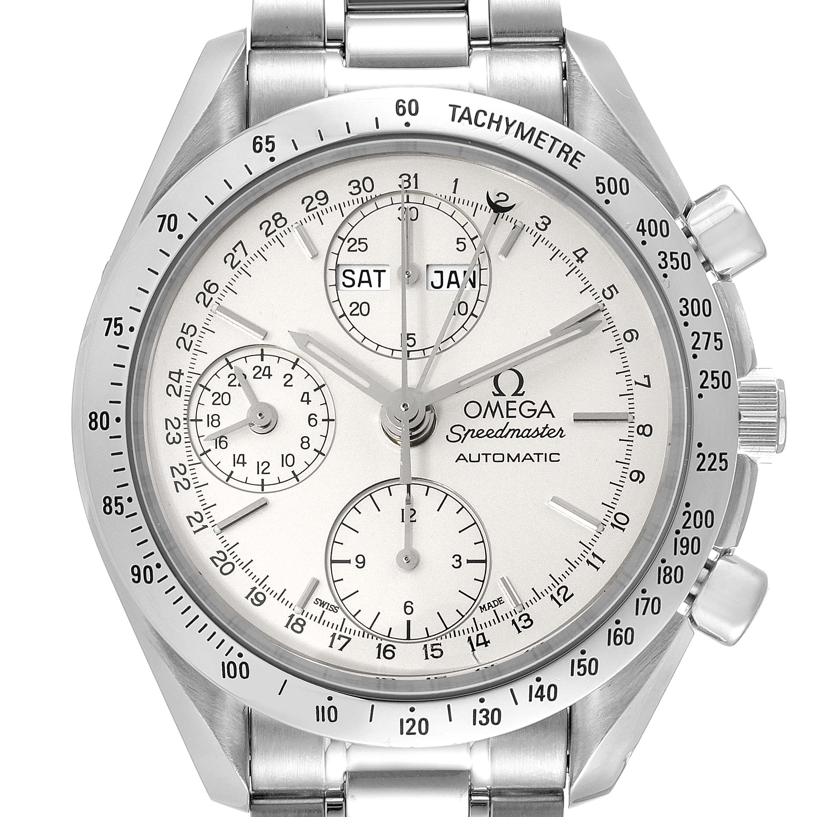 This is a close-up front view of the Omega Speedmaster 3521.30.00 Men's Stainless Steel Silver Dial 3521.30.00 Men's Stainless Steel Silver Dial watch, showcasing the dial and tachymeter bezel.