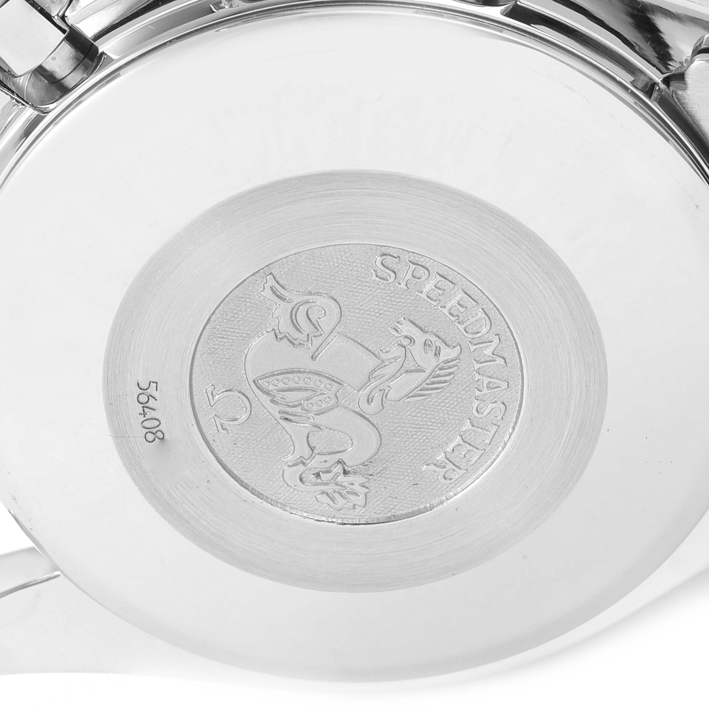 The image shows the case back of the Omega Speedmaster 3521.30.00 Men's Stainless Steel Silver Dial 3521.30.00 Men's Stainless Steel Silver Dial watch, featuring its emblem and model name.