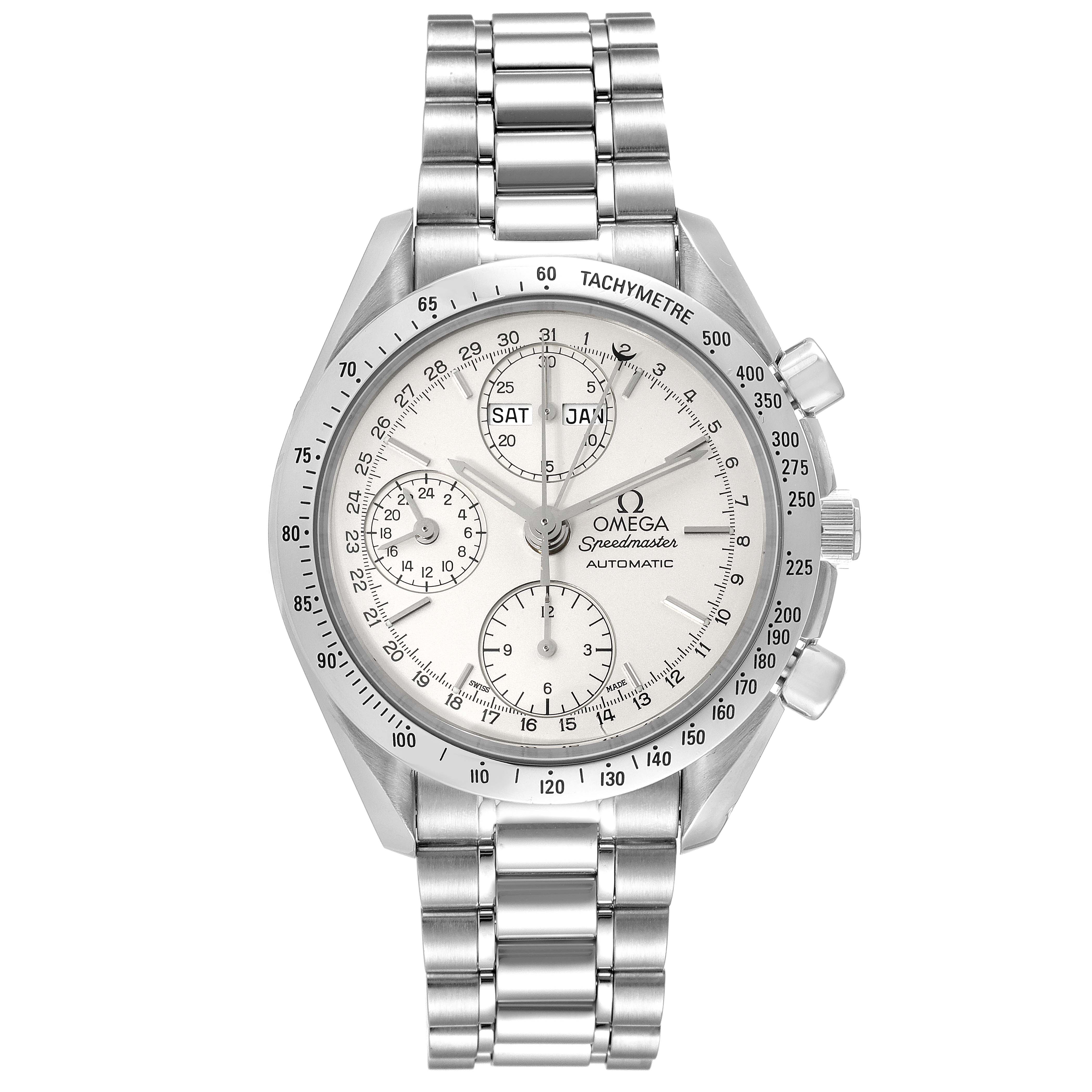 This image shows a frontal view of an Omega Speedmaster 3521.30.00 Men's Stainless Steel Silver Dial 3521.30.00 Men's Stainless Steel Silver Dial, highlighting the watch face, bezel, and metal bracelet.