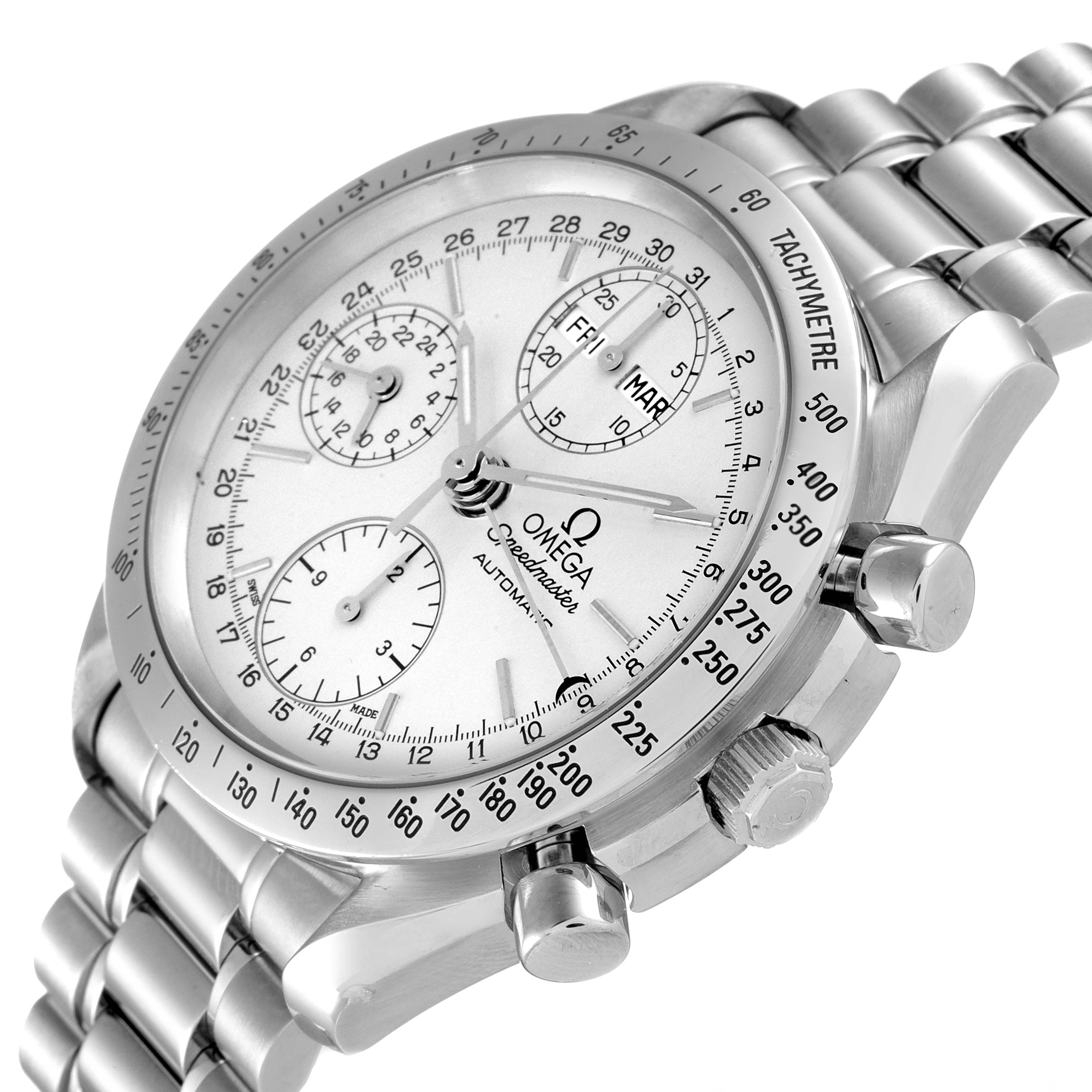 The image shows the Omega Speedmaster 3521.30.00 Men's Stainless Steel Silver Dial 3521.30.00 Men's Stainless Steel Silver Dial watch from an angled top-down perspective, highlighting the face, sub-dials, and bracelet.