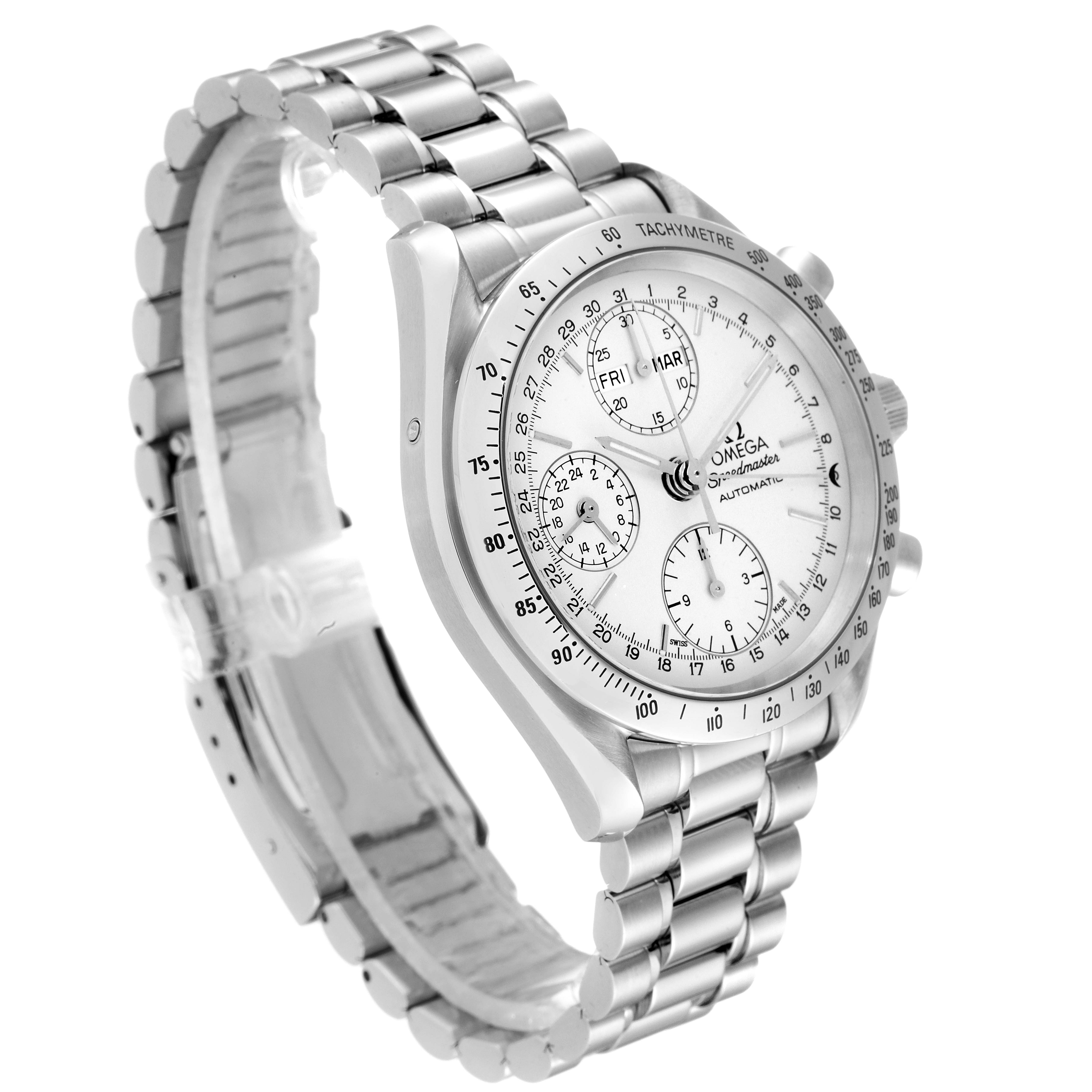 The image shows an Omega Speedmaster 3521.30.00 Men's Stainless Steel Silver Dial 3521.30.00 Men's Stainless Steel Silver Dial watch at a three-quarter angle, highlighting the dial, bezel, and metal bracelet.