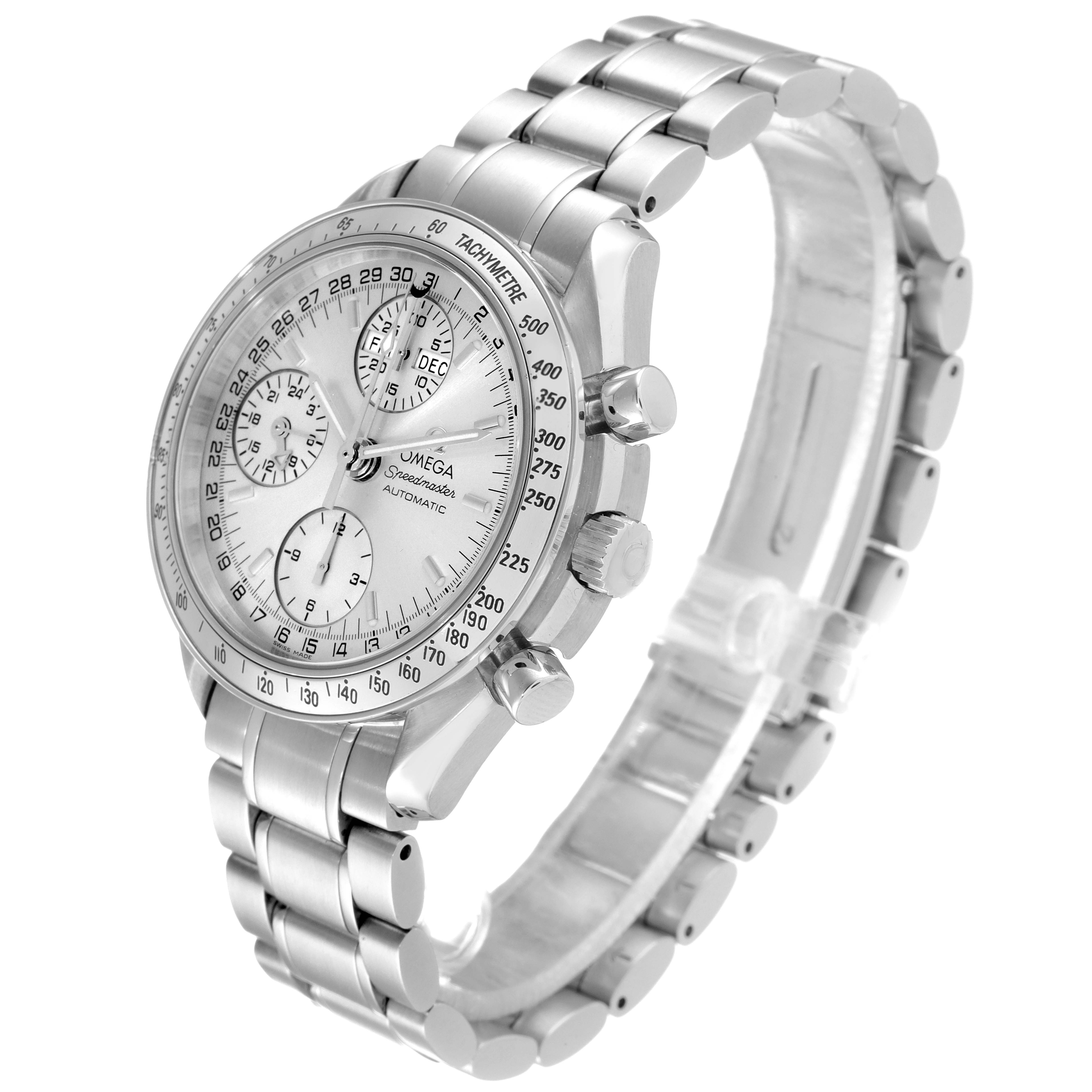 This image shows the Omega Speedmaster 3523.30.00 Men's Stainless Steel Silver Dial 3523.30.00 Men's Stainless Steel Silver Dial watch at a three-quarter angle, highlighting the face, bezel, crown, pushers, and bracelet.