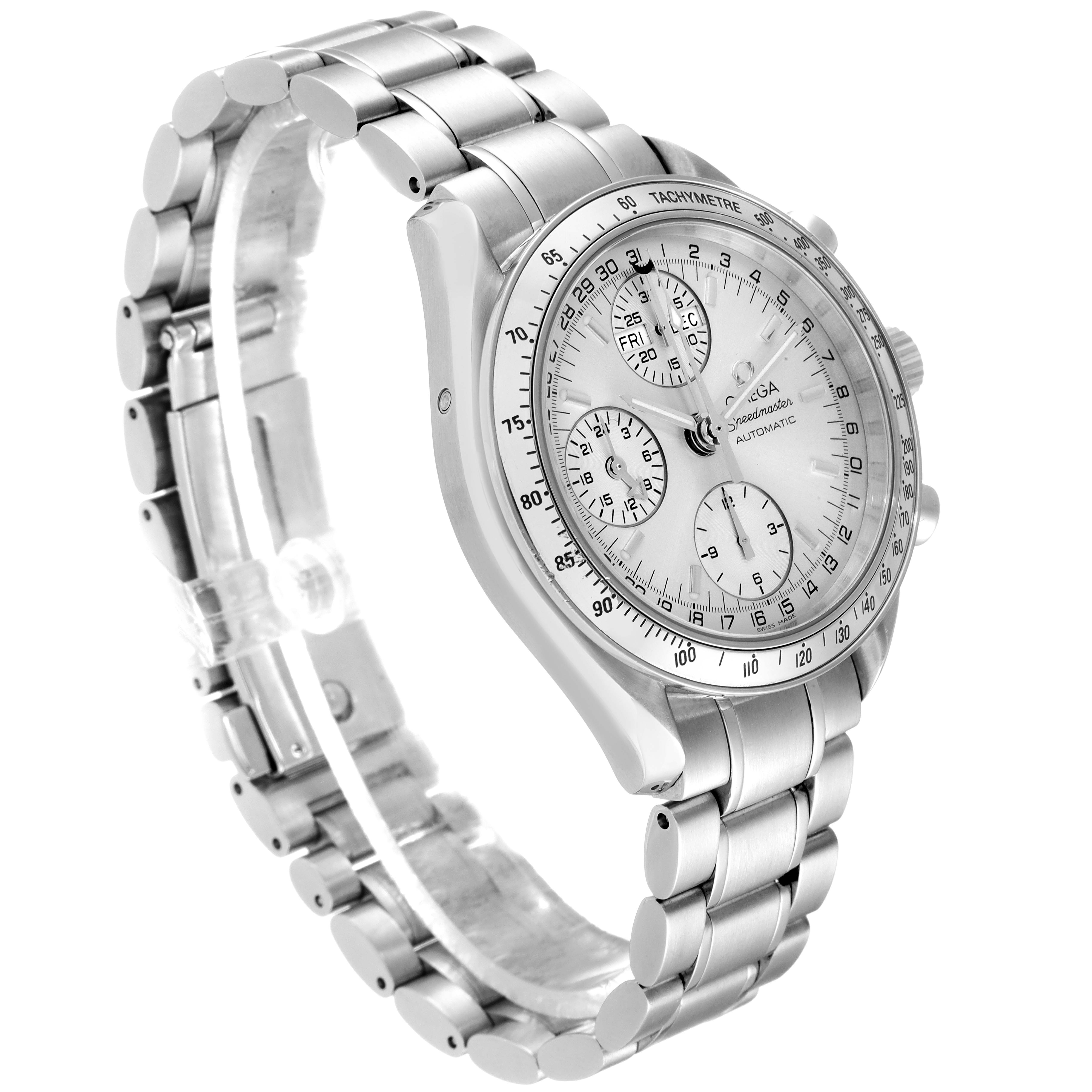 This image shows an Omega Speedmaster 3523.30.00 Men's Stainless Steel Silver Dial 3523.30.00 Men's Stainless Steel Silver Dial watch angled from the left side, highlighting the bracelet and face.