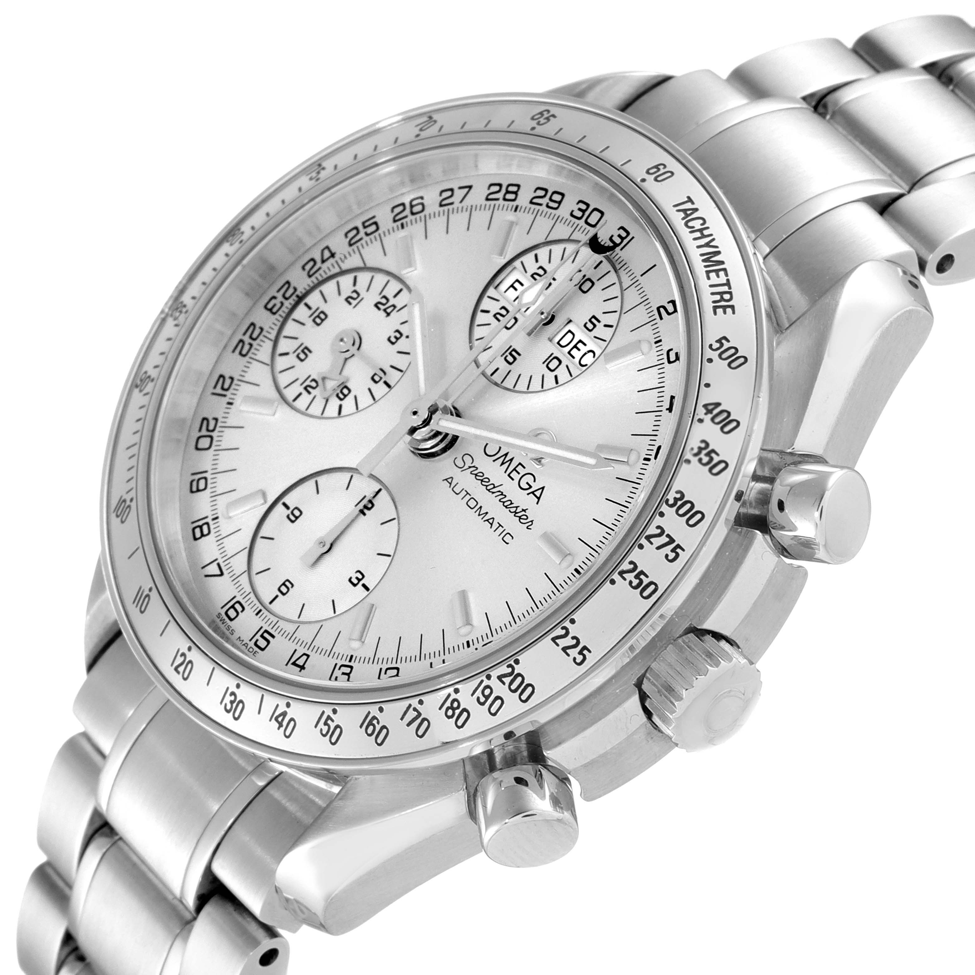 This image shows an angled view of the Omega Speedmaster 3523.30.00 Men's Stainless Steel Silver Dial 3523.30.00 Men's Stainless Steel Silver Dial watch, highlighting its face, dials, bezel, and bracelet.