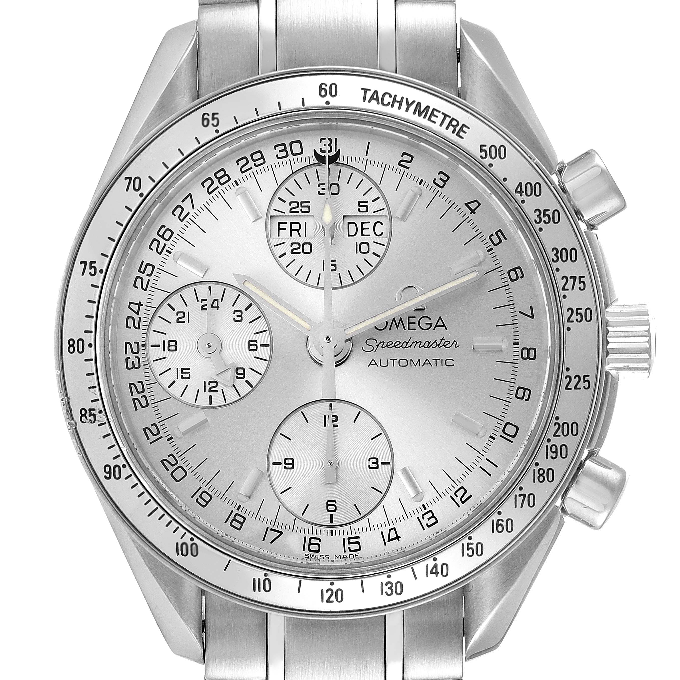 The image shows a front view of the Omega Speedmaster 3523.30.00 Men's Stainless Steel Silver Dial 3523.30.00 Men's Stainless Steel Silver Dial watch, highlighting the dial, subdials, tachymeter bezel, and stainless steel bracelet.