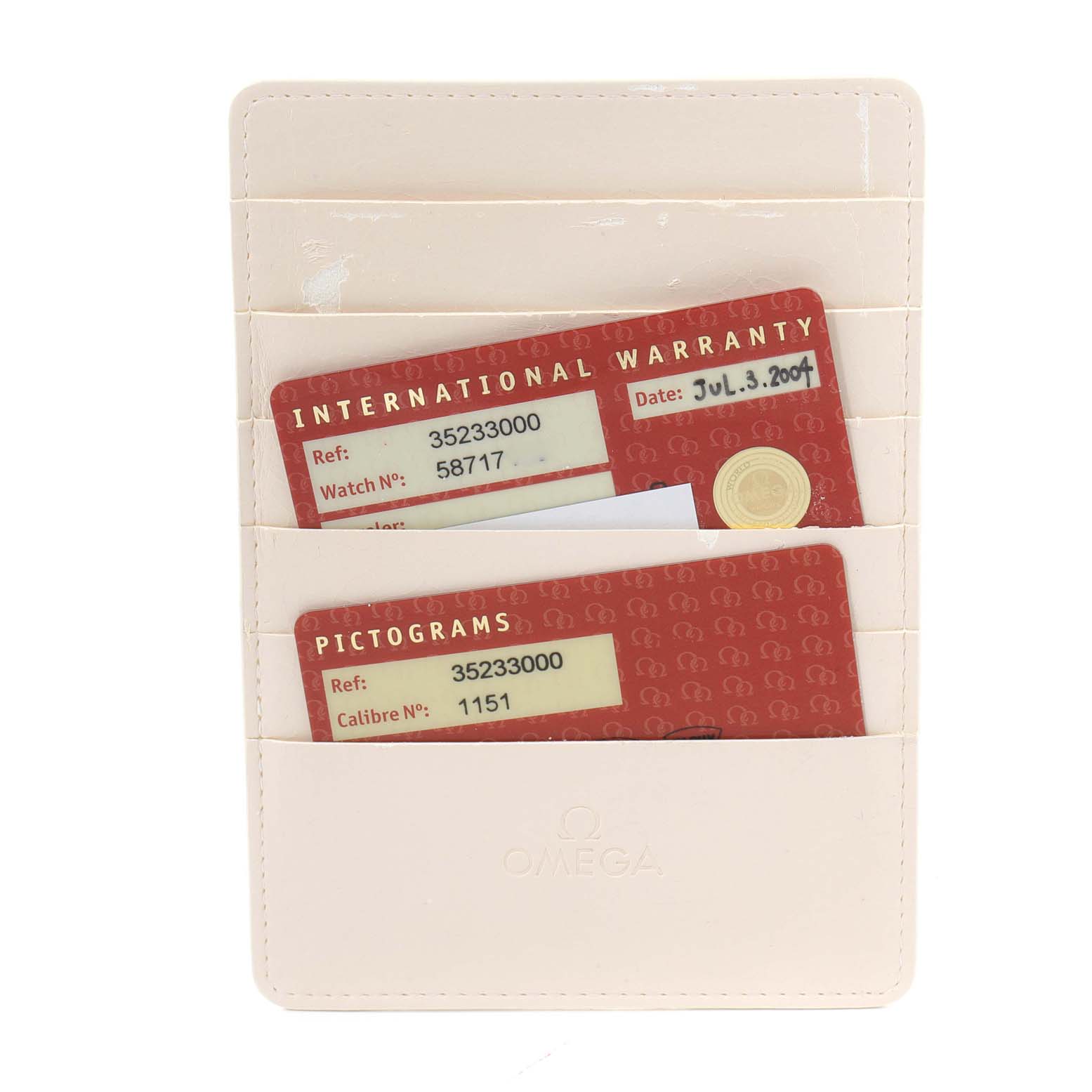 The image shows Omega Speedmaster 3523.30.00 Men's Stainless Steel Silver Dial 3523.30.00 Men's Stainless Steel Silver Dial International Warranty and Pictograms cards in a beige Omega cardholder.