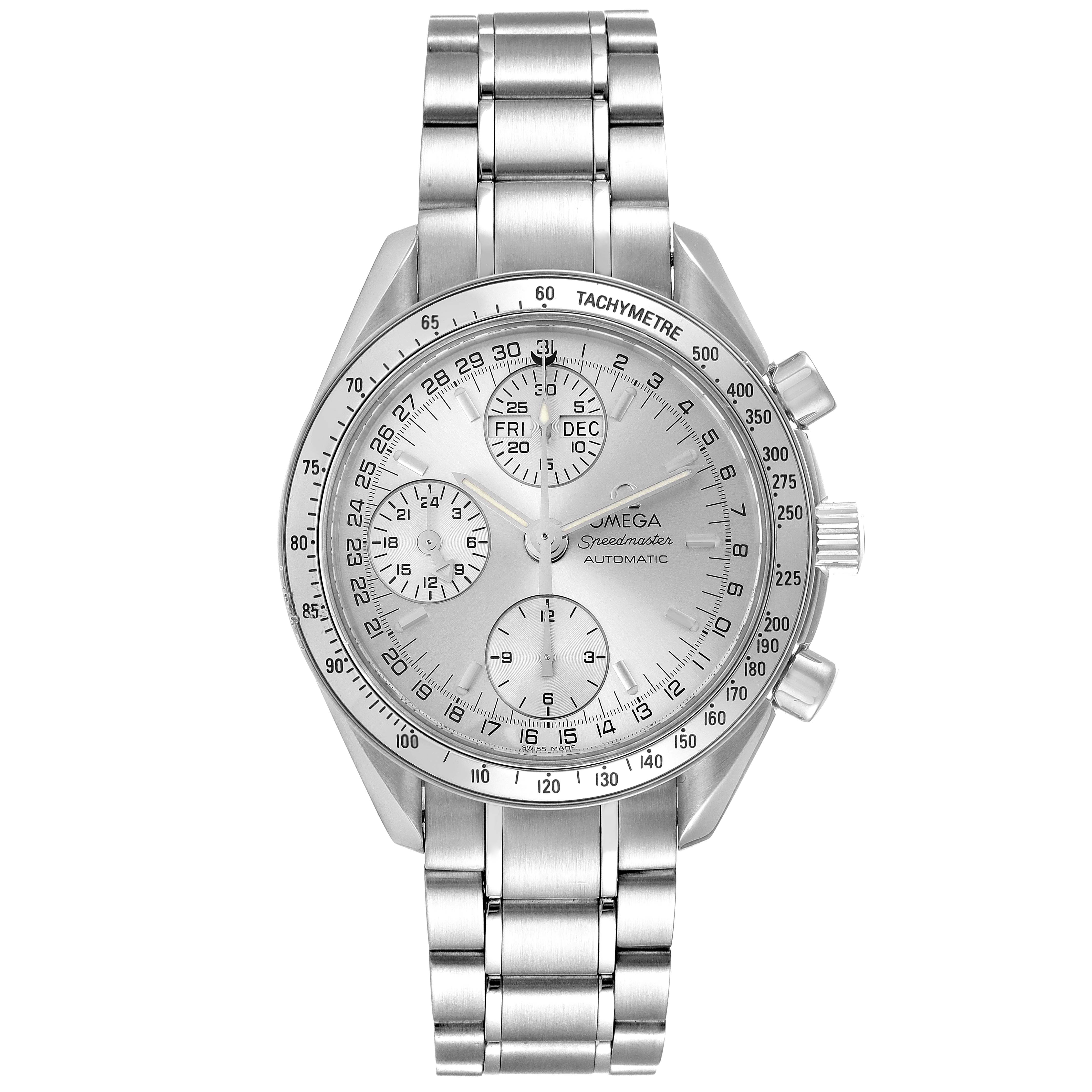 This image shows a frontal view of the Omega Speedmaster 3523.30.00 Men's Stainless Steel Silver Dial 3523.30.00 Men's Stainless Steel Silver Dial watch with its stainless steel bracelet, dial, and chronograph sub-dials.
