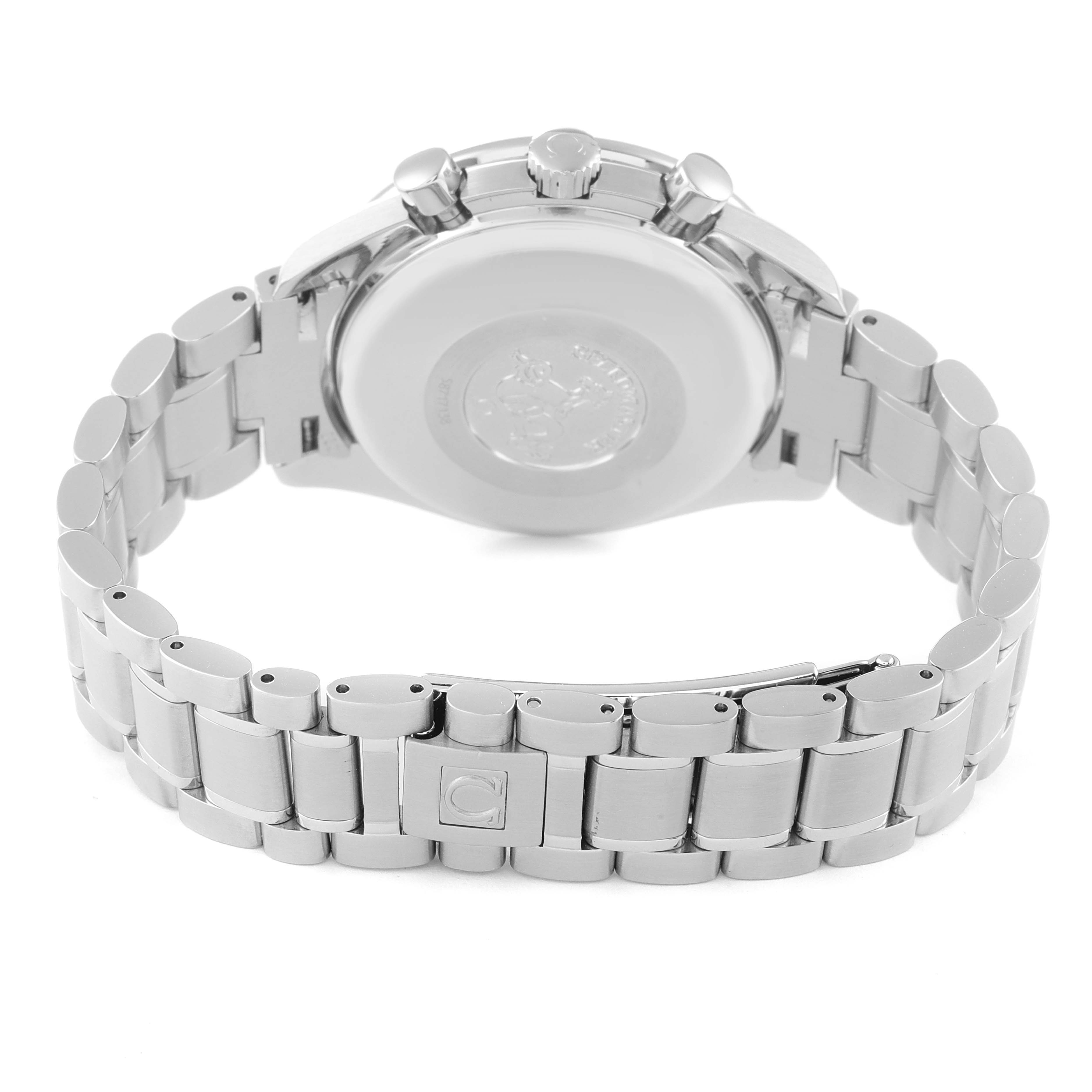 The image shows the back case and bracelet of the Omega Speedmaster 3523.30.00 Men's Stainless Steel Silver Dial 3523.30.00 Men's Stainless Steel Silver Dial watch, viewed from a rear angle.