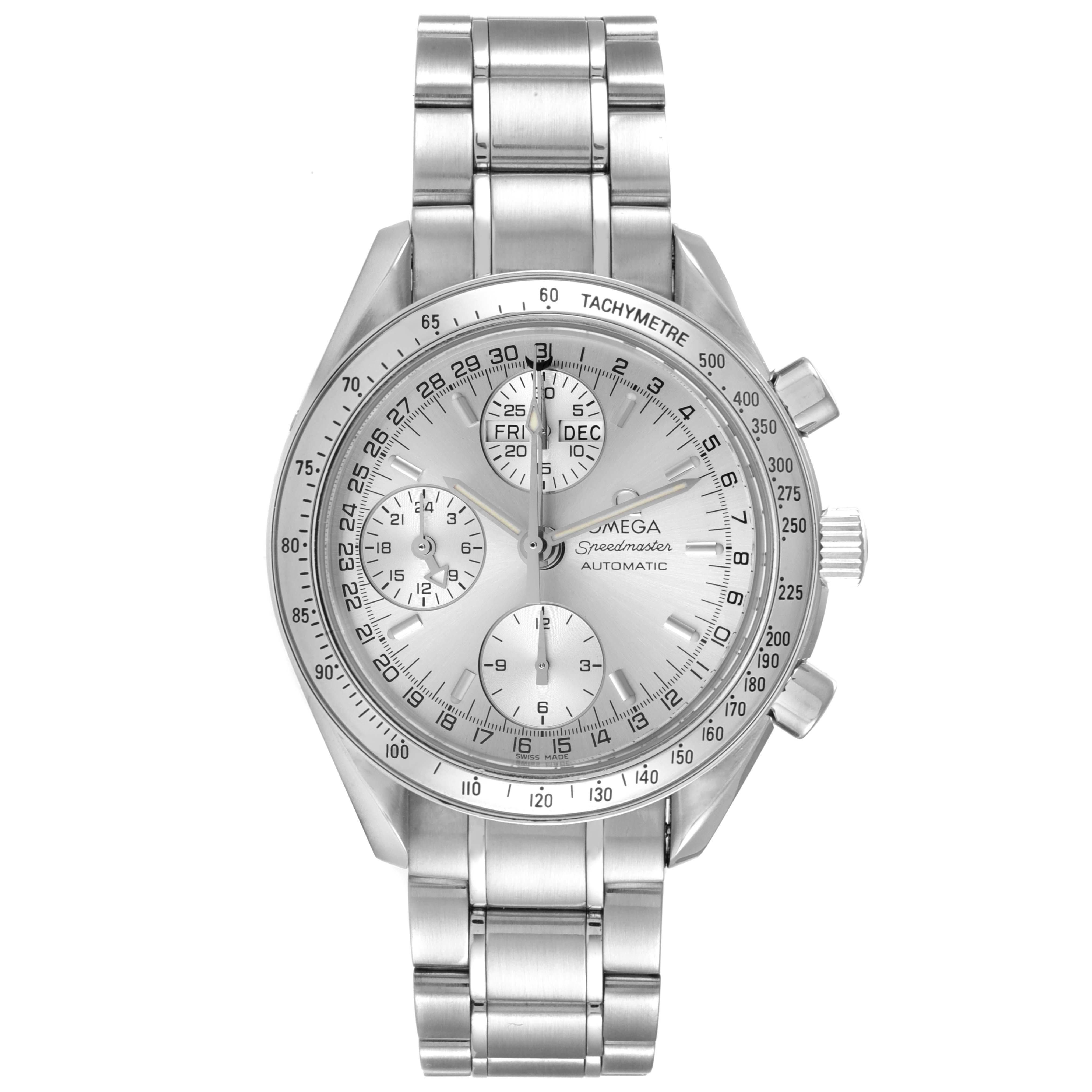 This image shows a frontal view of the Omega Speedmaster 3523.30.00 Men's Stainless Steel Silver Dial 3523.30.00 Men's Stainless Steel Silver Dial watch, displaying its dial, bezel, chronograph subdials, bracelet, and crown.