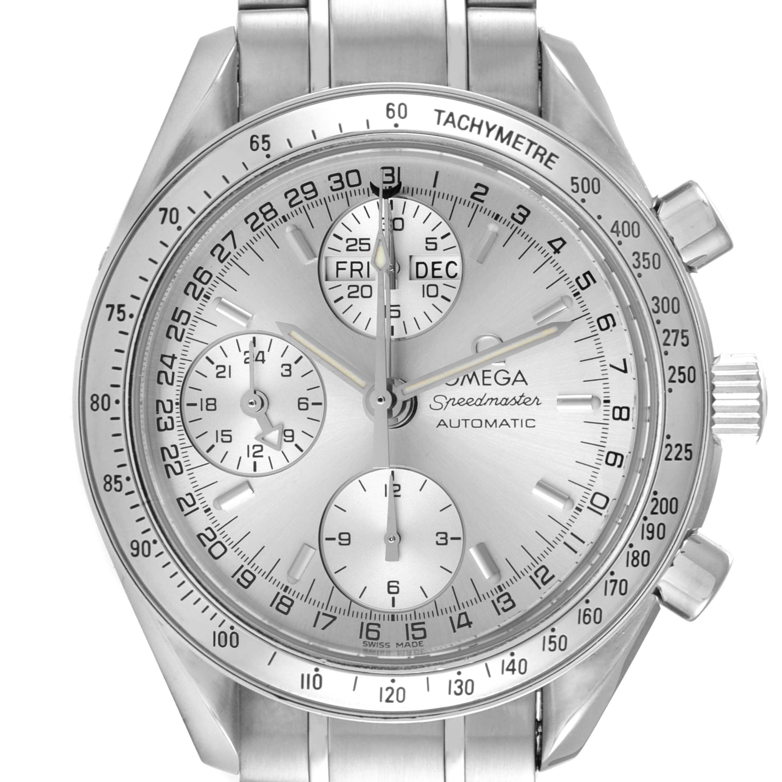 The Omega Speedmaster 3523.30.00 Men's Stainless Steel Silver Dial 3523.30.00 Men's Stainless Steel Silver Dial watch is shown from a front angle, highlighting its tachymeter bezel, sub-dials, and bracelet.