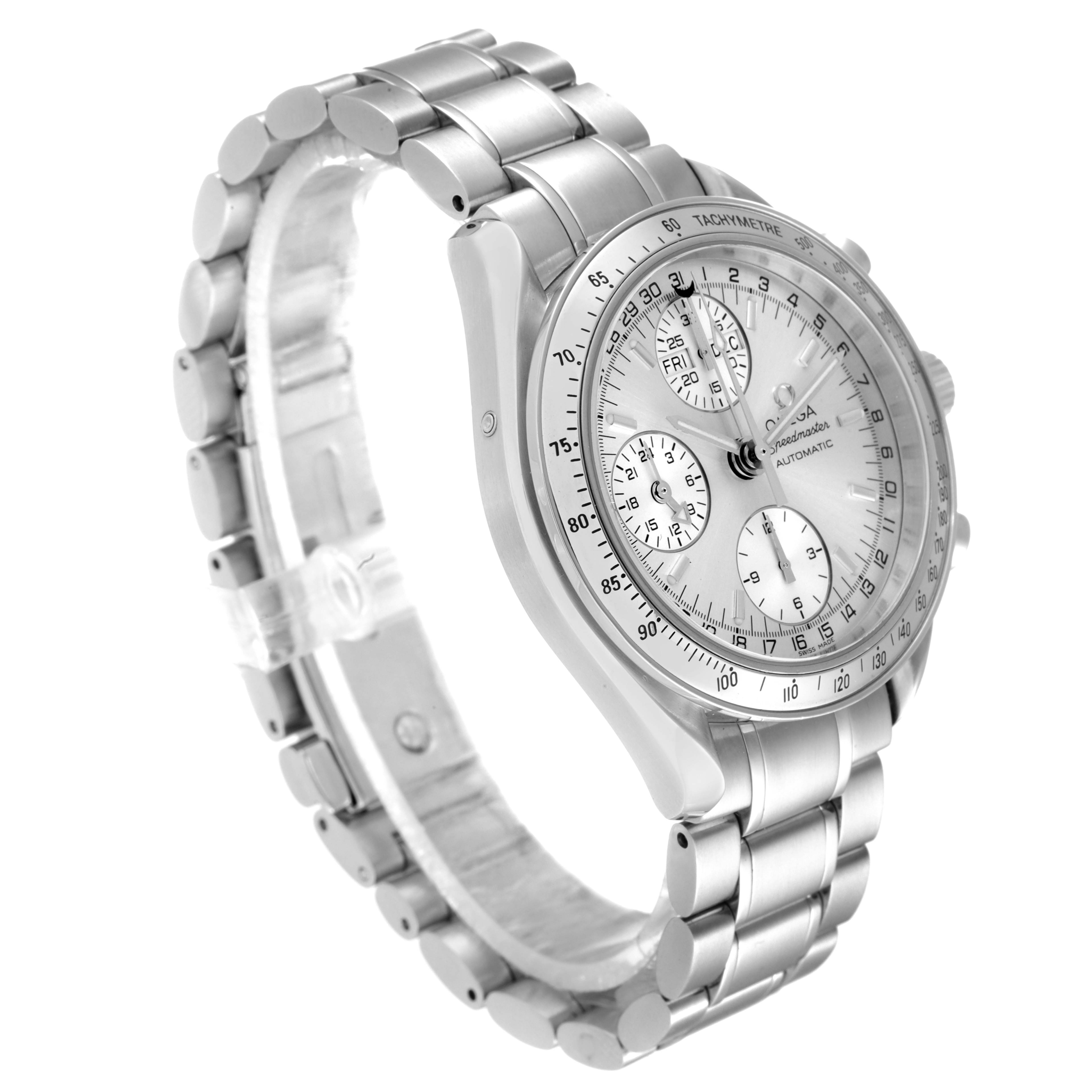 This image shows a side-angle view of an Omega Speedmaster 3523.30.00 Men's Stainless Steel Silver Dial 3523.30.00 Men's Stainless Steel Silver Dial watch, highlighting its dial, case, and metal bracelet.