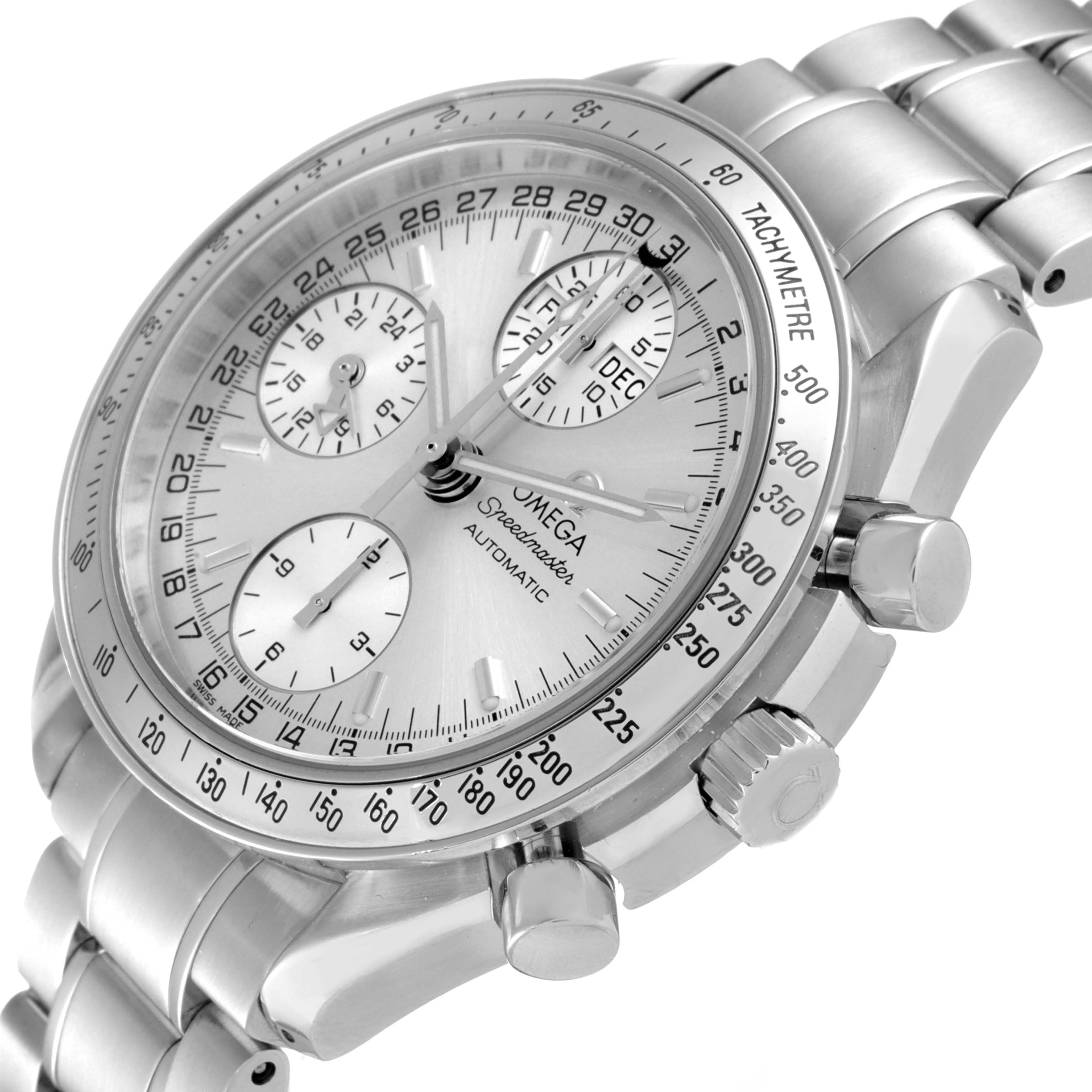 This image shows a close-up angled view of the Omega Speedmaster 3523.30.00 Men's Stainless Steel Silver Dial 3523.30.00 Men's Stainless Steel Silver Dial watch, highlighting the dial, subdials, tachymeter, and stainless steel bracelet.