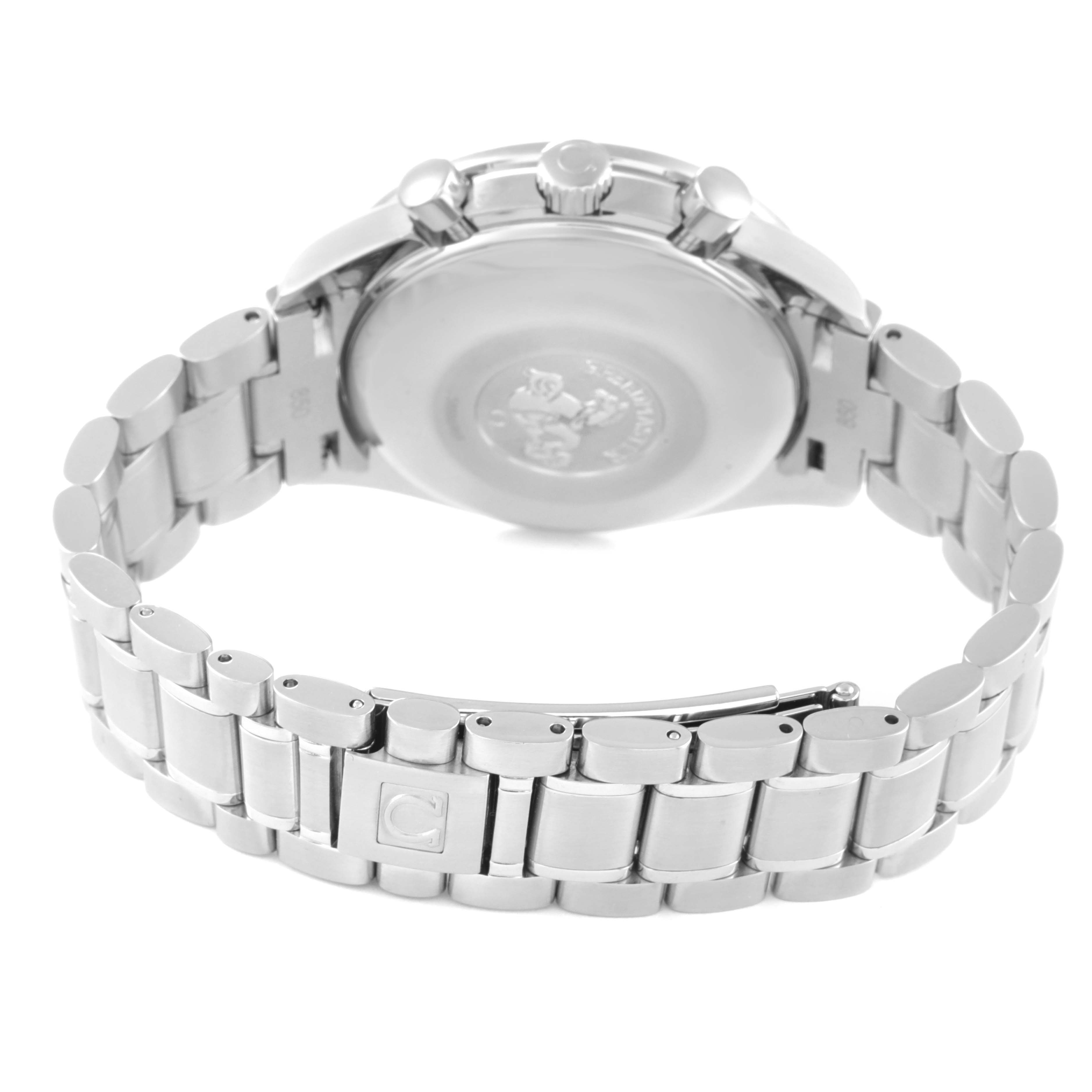 The image shows the back case and bracelet of an Omega Speedmaster 3523.30.00 Men's Stainless Steel Silver Dial 3523.30.00 Men's Stainless Steel Silver Dial watch from a rear angle.