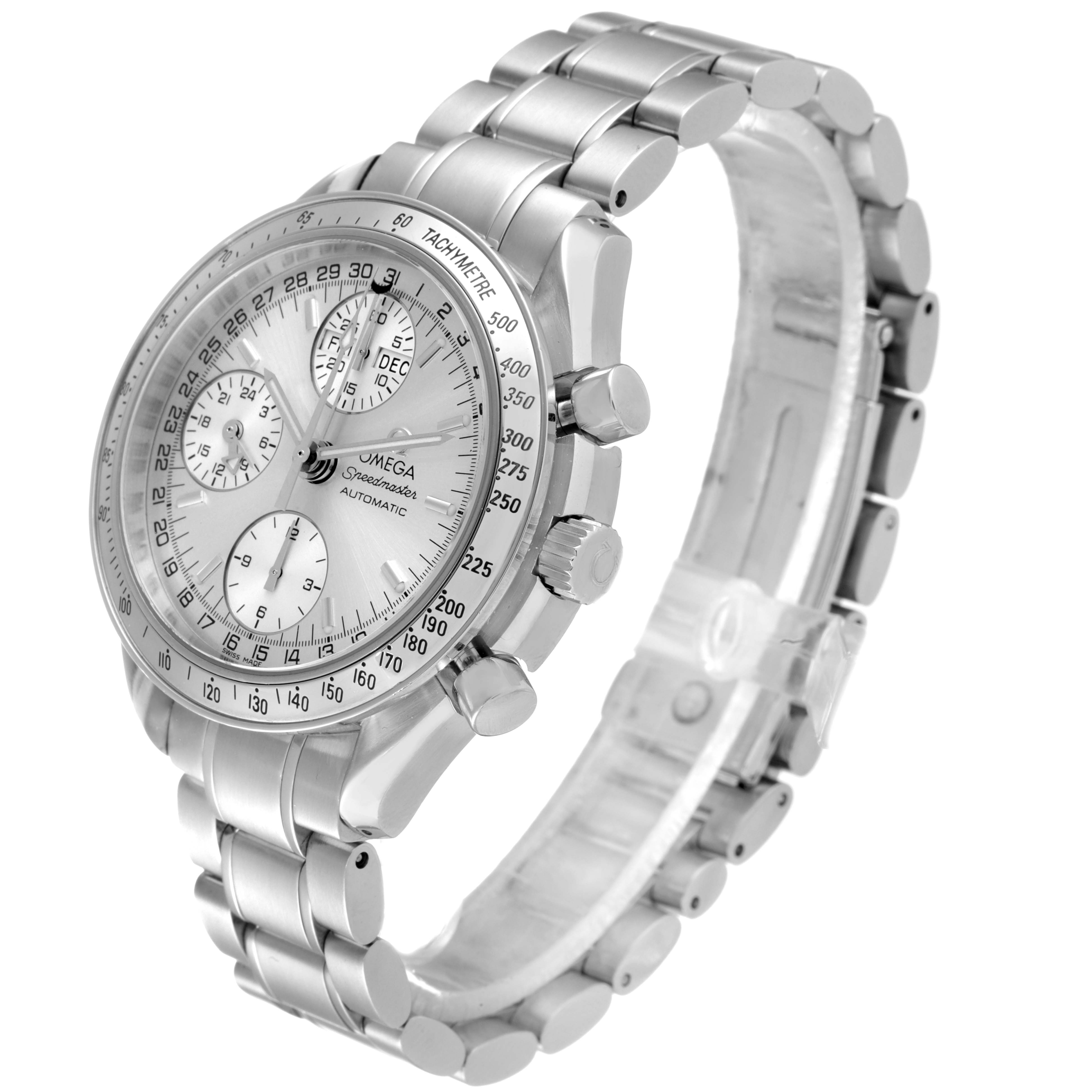 The Omega Speedmaster 3523.30.00 Men's Stainless Steel Silver Dial 3523.30.00 Men's Stainless Steel Silver Dial watch is shown at an angled side view, displaying its dial, tachymeter bezel, pushers, and bracelet.
