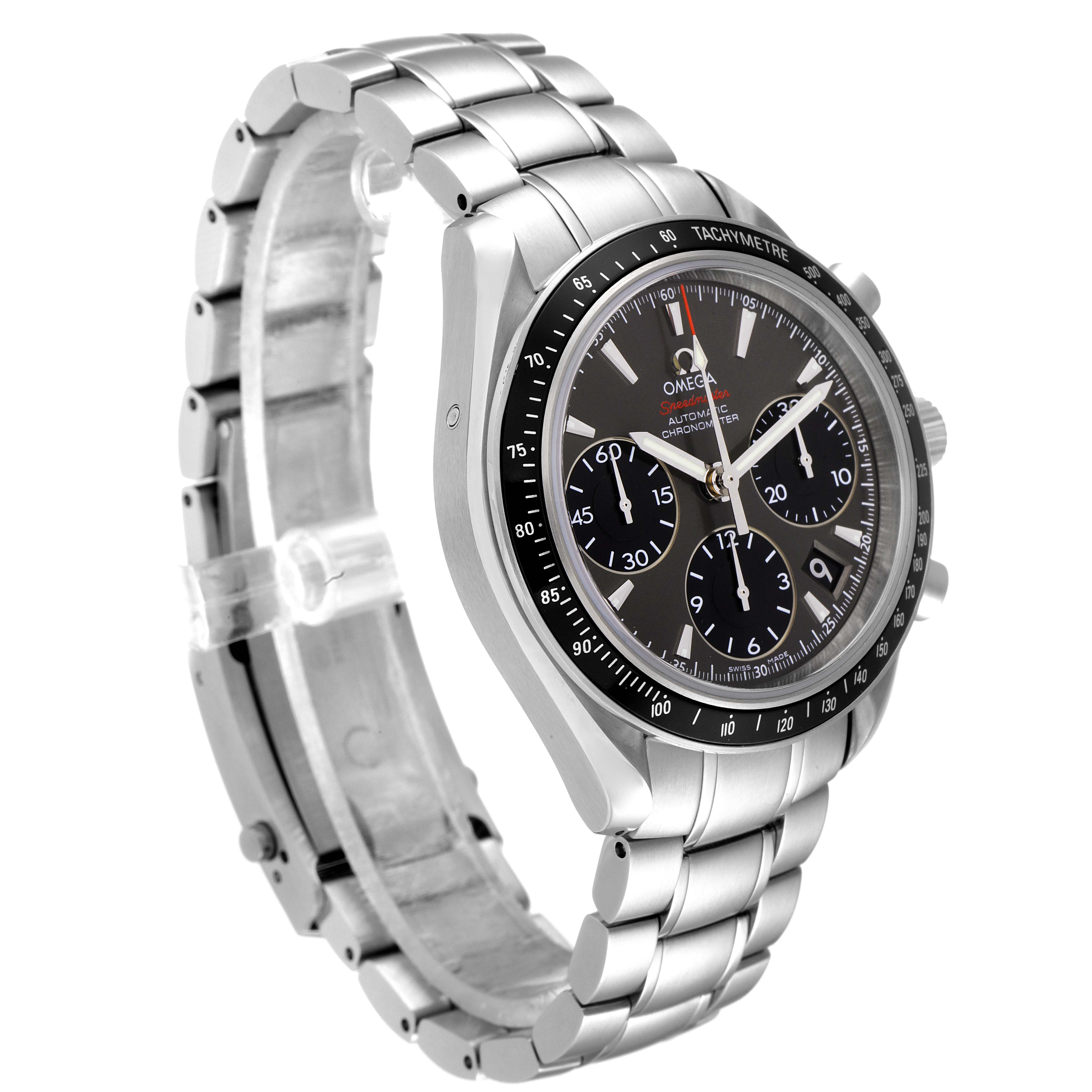 The image shows a side angle of the Omega Speedmaster 323.30.40.40.06.001 Men's Stainless Steel Grey Dial 323.30.40.40.06.001 Men's Stainless Steel Grey Dial watch, highlighting the watch face, bracelet, and tachymetre bezel.
