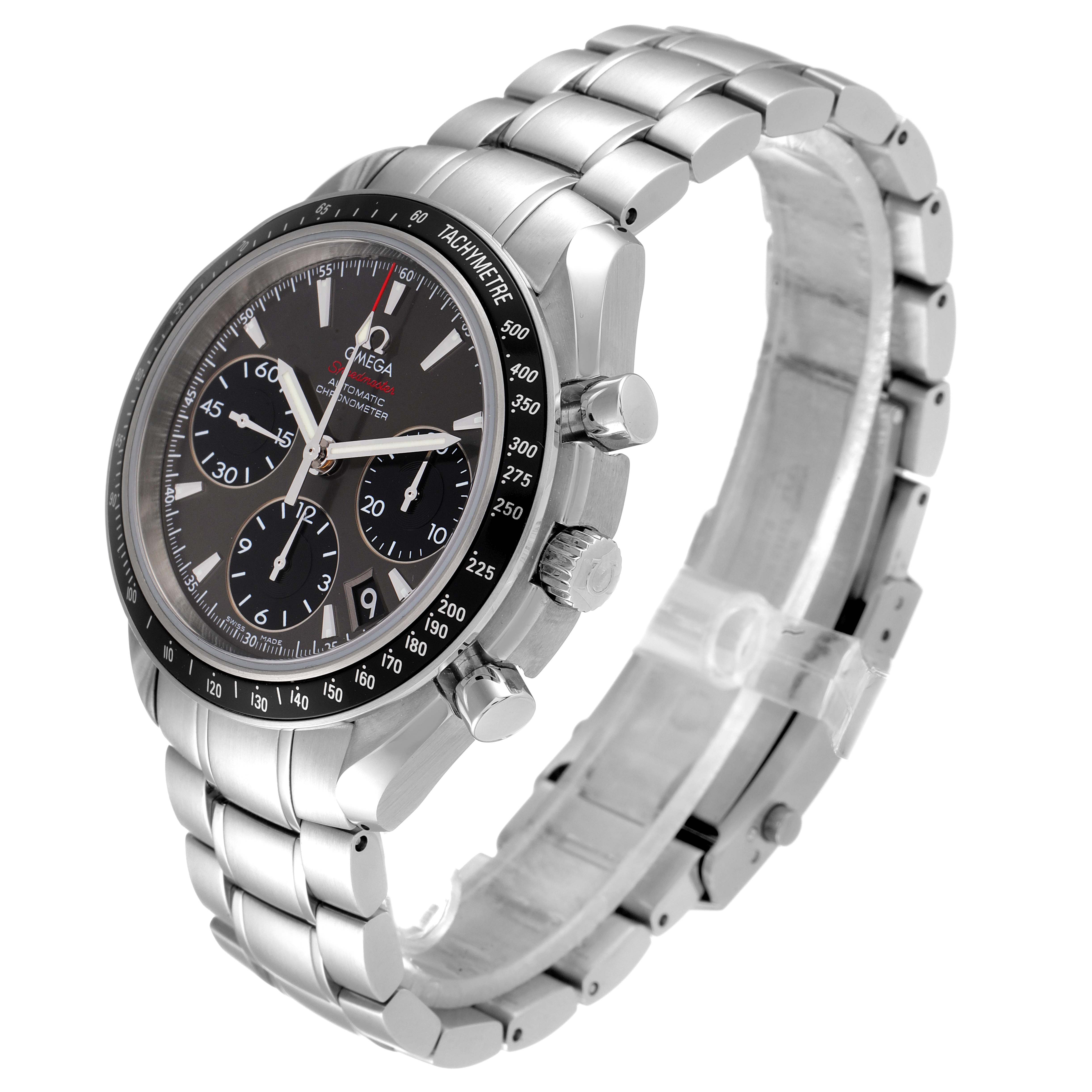 This image shows an angled view of an Omega Speedmaster 323.30.40.40.06.001 Men's Stainless Steel Grey Dial 323.30.40.40.06.001 Men's Stainless Steel Grey Dial watch's face, bezel, crown, pushers, and stainless steel bracelet.