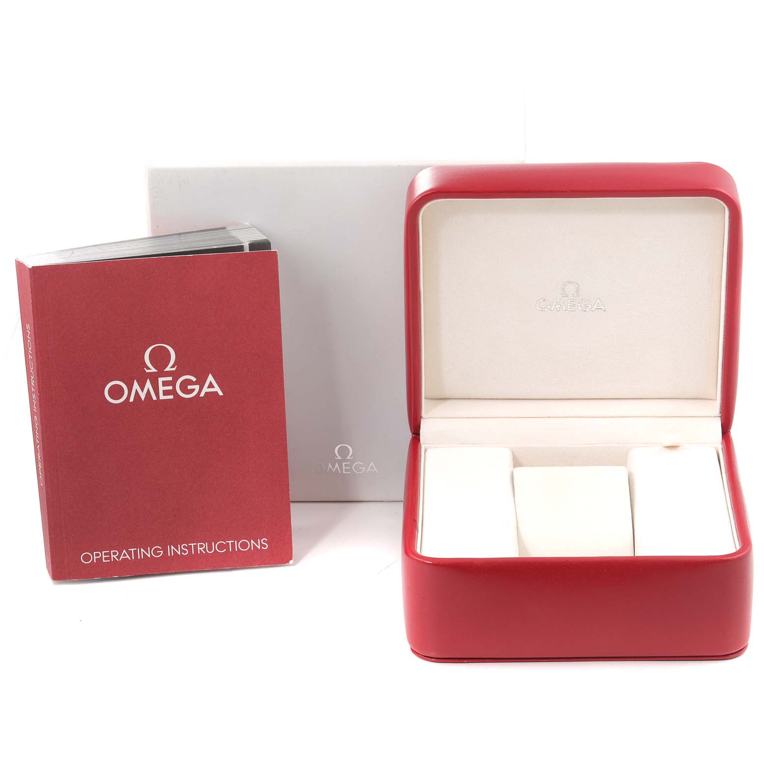 The image shows the packaging and operating instructions for the Omega Speedmaster 323.30.40.40.06.001 Men's Stainless Steel Grey Dial 323.30.40.40.06.001 Men's Stainless Steel Grey Dial watch, including the open watch box and instruction manual.