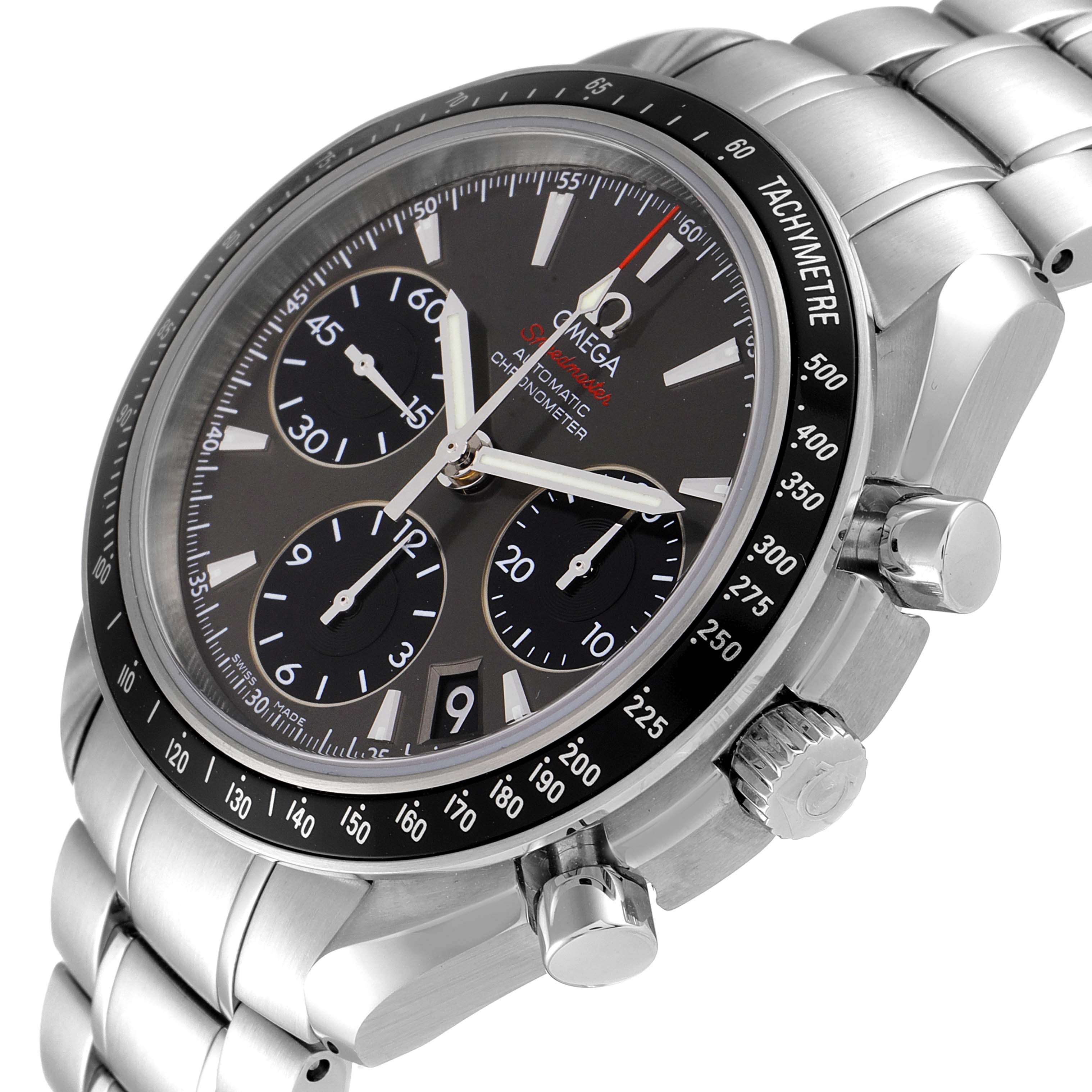 The Omega Speedmaster 323.30.40.40.06.001 Men's Stainless Steel Grey Dial 323.30.40.40.06.001 Men's Stainless Steel Grey Dial watch is shown at a slight angle, displaying its bezel, dial, chronograph subdials, crown, and bracelet.
