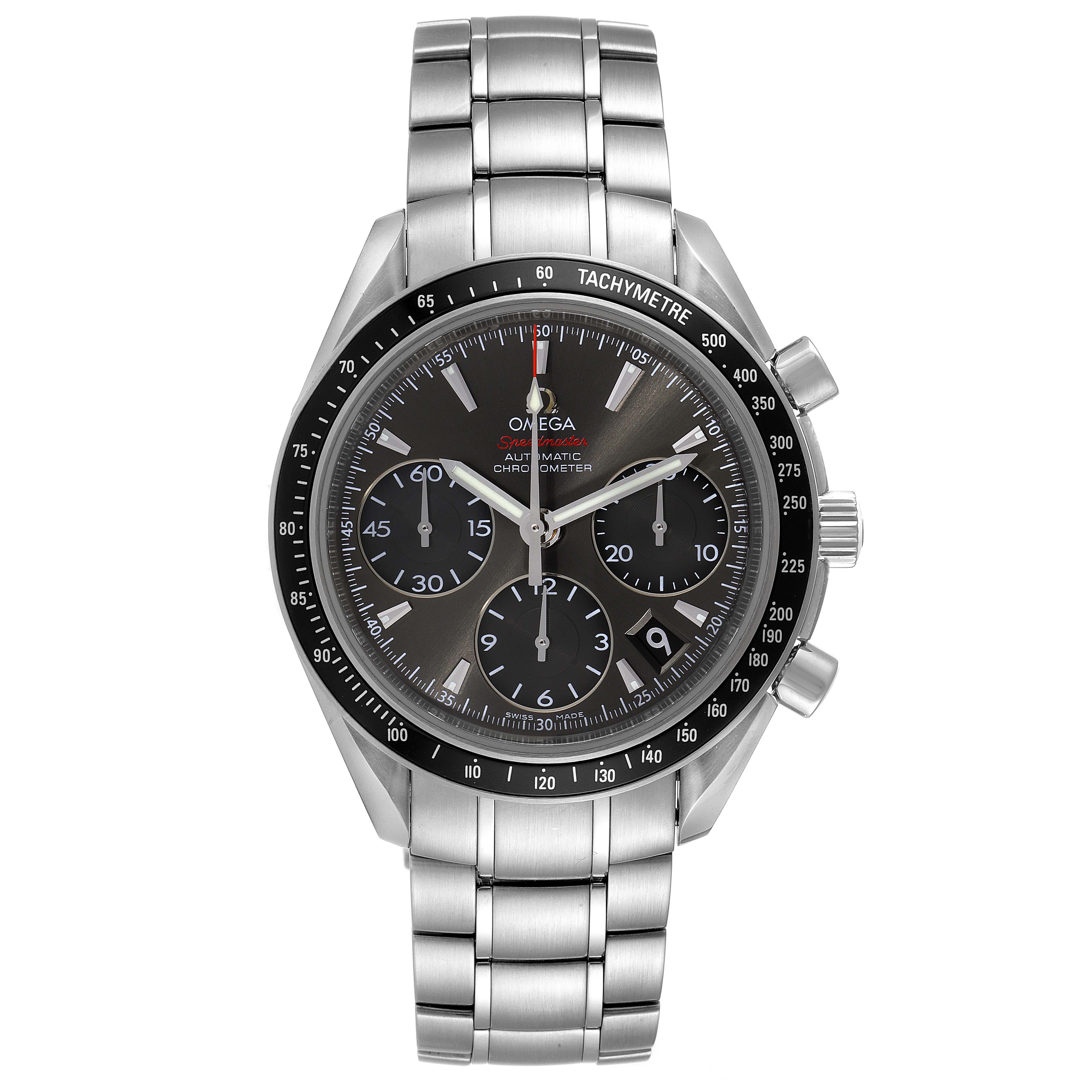 This image shows a front view of an Omega Speedmaster 323.30.40.40.06.001 Men's Stainless Steel Grey Dial 323.30.40.40.06.001 Men's Stainless Steel Grey Dial watch, highlighting the dial, bracelet, and tachymeter bezel.