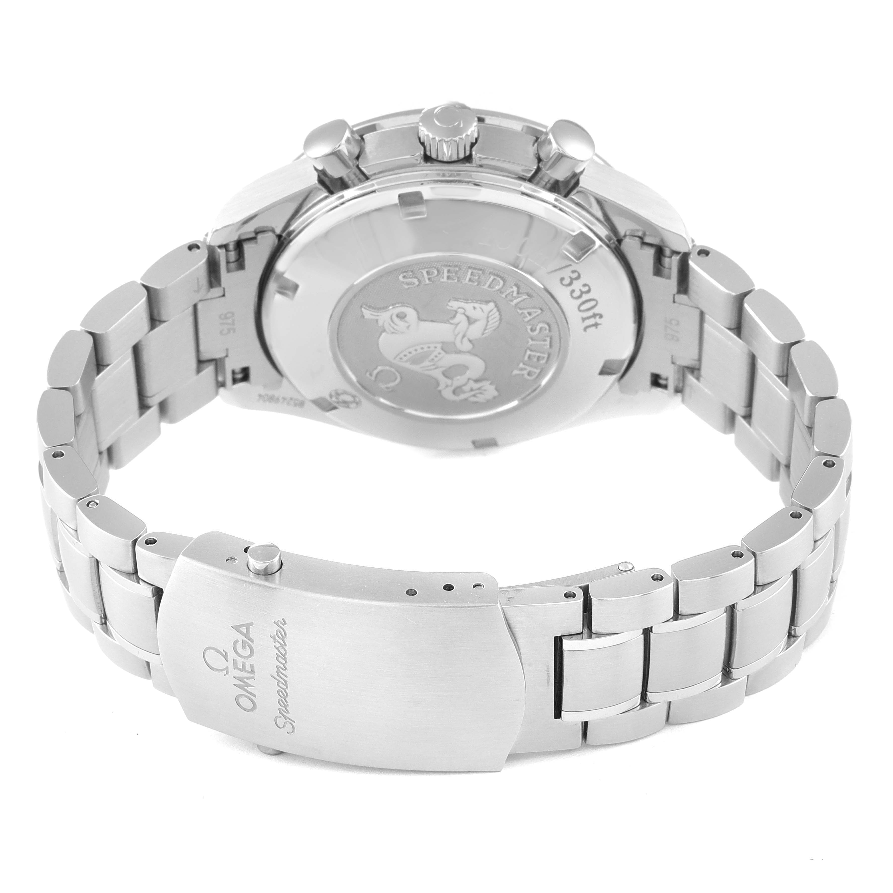 The image shows the back casing and bracelet of an Omega Speedmaster 323.30.40.40.06.001 Men's Stainless Steel Grey Dial 323.30.40.40.06.001 Men's Stainless Steel Grey Dial watch.