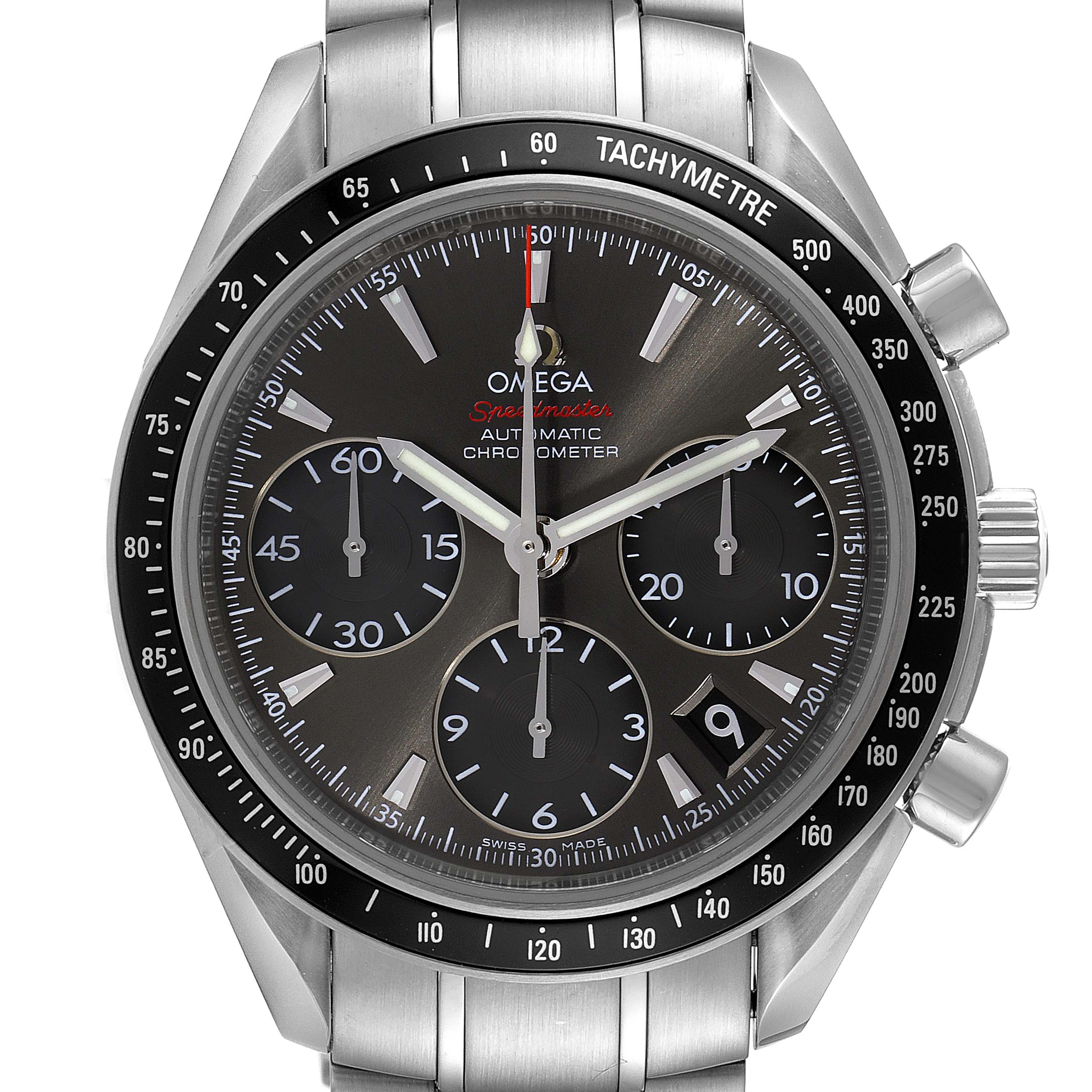 The image shows a front view of an Omega Speedmaster 323.30.40.40.06.001 Men's Stainless Steel Grey Dial 323.30.40.40.06.001 Men's Stainless Steel Grey Dial watch, highlighting the dial, subdials, and tachymeter bezel.