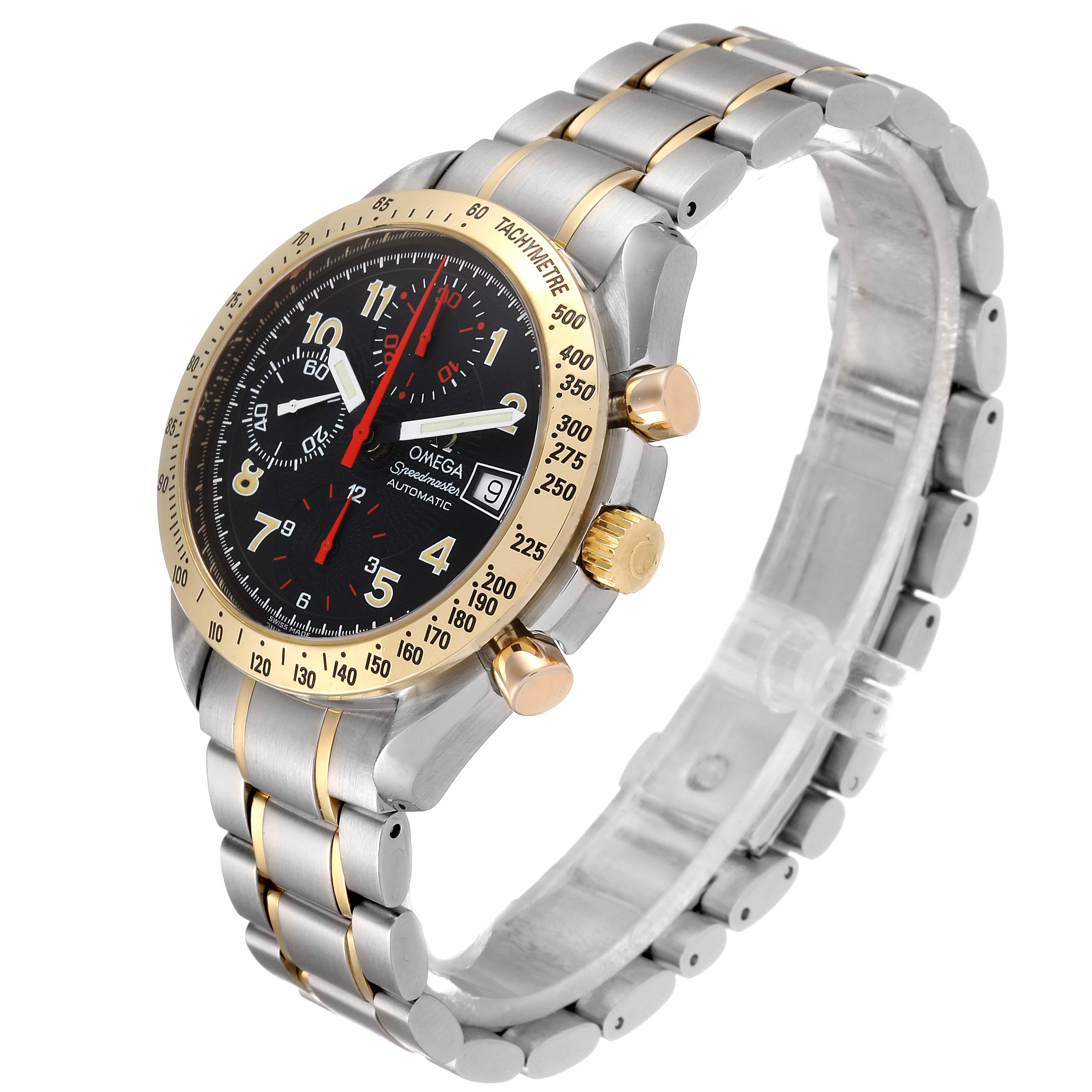 This Omega Speedmaster 3313.53.00 Men's Steel and Gold (two tone) Black Dial 3313.53.00 Men's Steel and Gold (two tone) Black Dial watch is shown at a three-quarter angle, highlighting the dial, bezel, pushers, and bracelet.