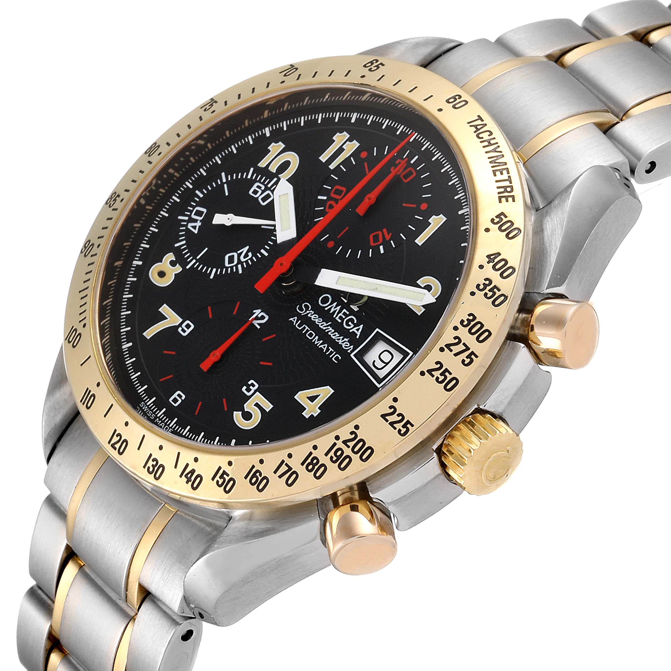 This Omega Speedmaster 3313.53.00 Men's Steel and Gold (two tone) Black Dial 3313.53.00 Men's Steel and Gold (two tone) Black Dial watch is shown from a three-quarter angle highlighting the face, bezel, crown, and part of the bracelet.