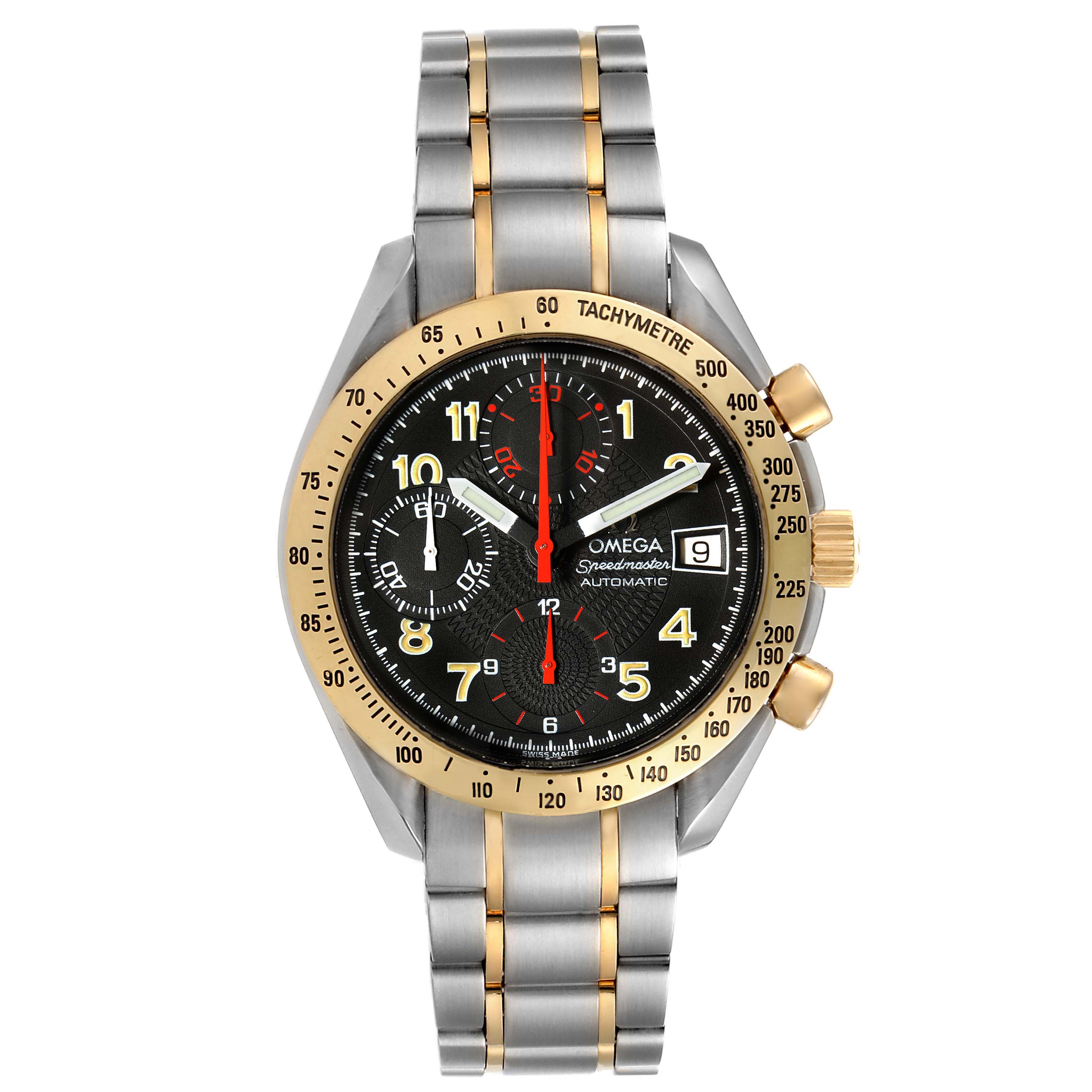 The image shows a frontal view of an Omega Speedmaster 3313.53.00 Men's Steel and Gold (two tone) Black Dial 3313.53.00 Men's Steel and Gold (two tone) Black Dial watch, highlighting its dial, bezel, and two-tone metal bracelet.