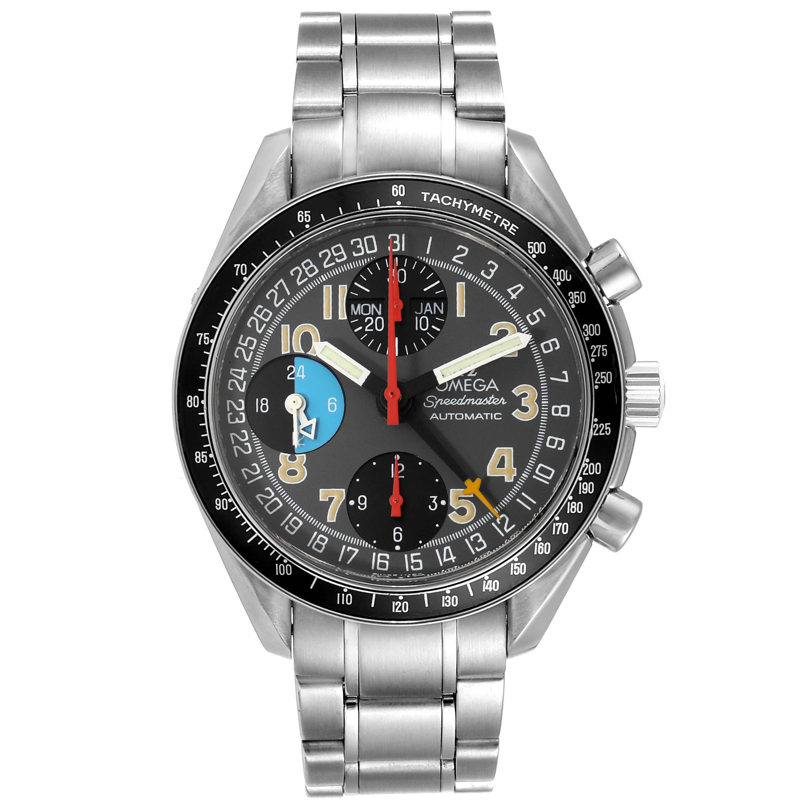 This image shows a front view of the Omega Speedmaster 3520.53.00 Men's Stainless Steel Grey Dial 3520.53.00 Men's Stainless Steel Grey Dial watch, detailing its face, bezel, and metal bracelet.
