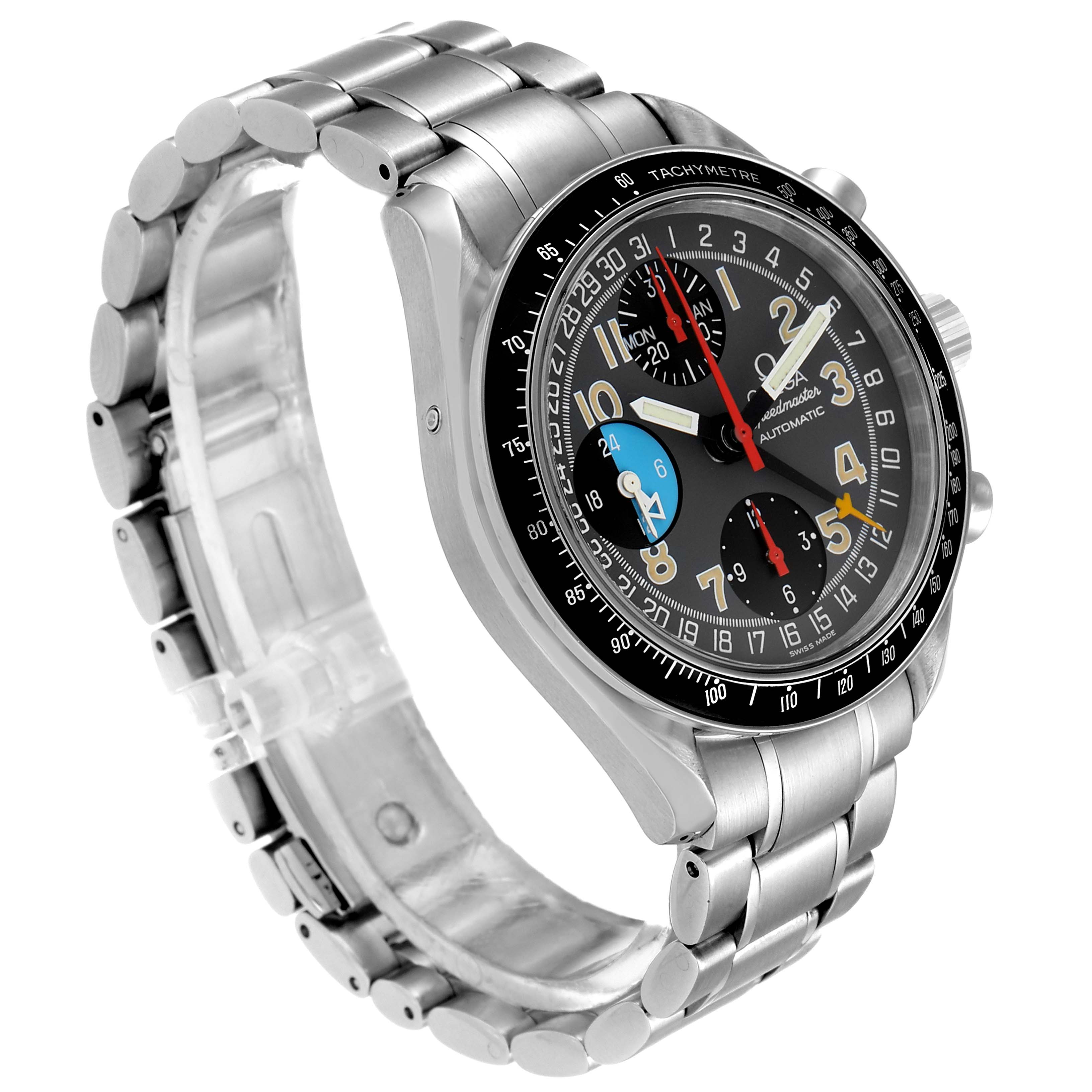 The Omega Speedmaster 3520.53.00 Men's Stainless Steel Grey Dial 3520.53.00 Men's Stainless Steel Grey Dial watch is shown at an angle capturing the face, bezel, crown, and part of the bracelet.