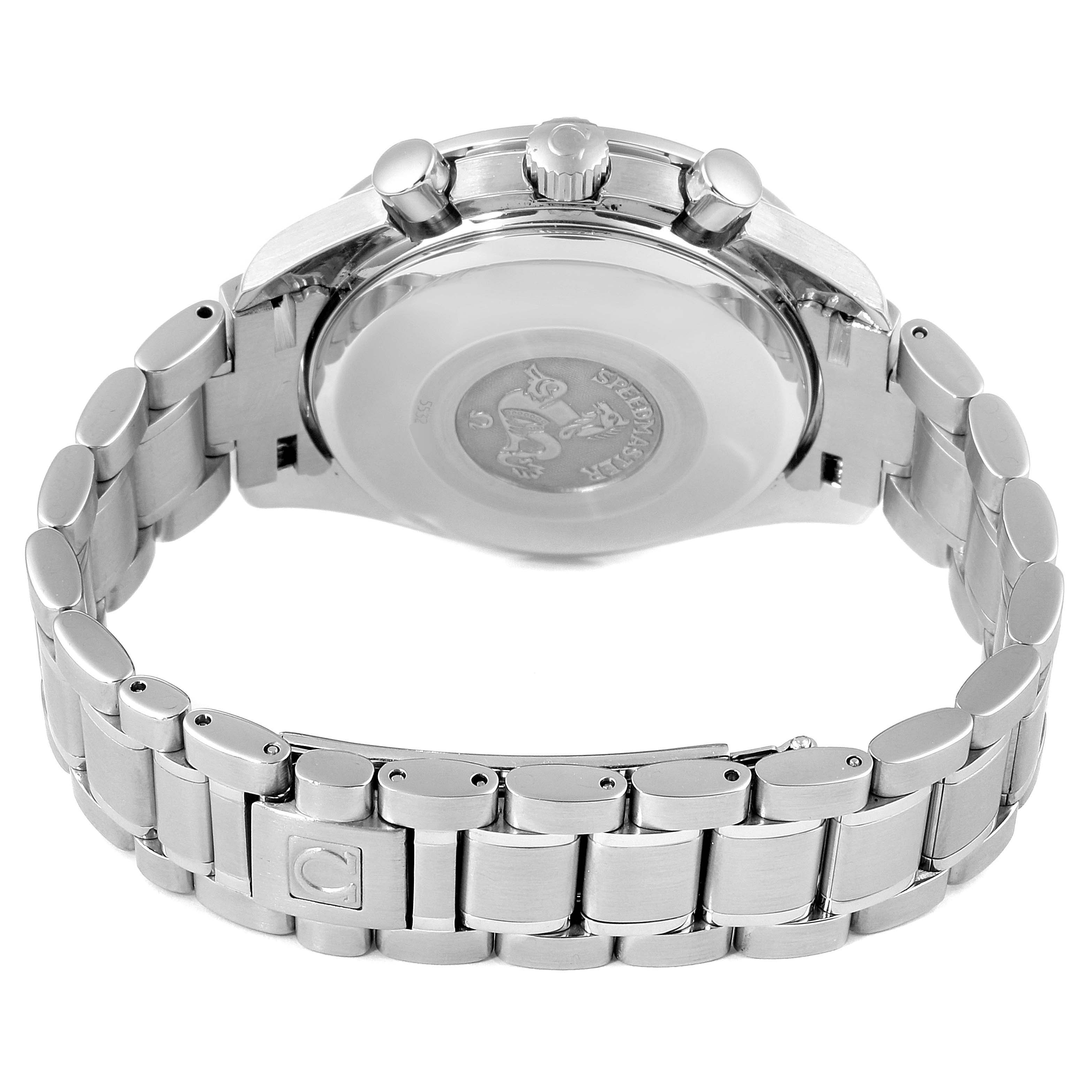 The image shows the back case, bracelet, crown, and pushers of an Omega Speedmaster 3520.53.00 Men's Stainless Steel Grey Dial 3520.53.00 Men's Stainless Steel Grey Dial watch from a rear angle.