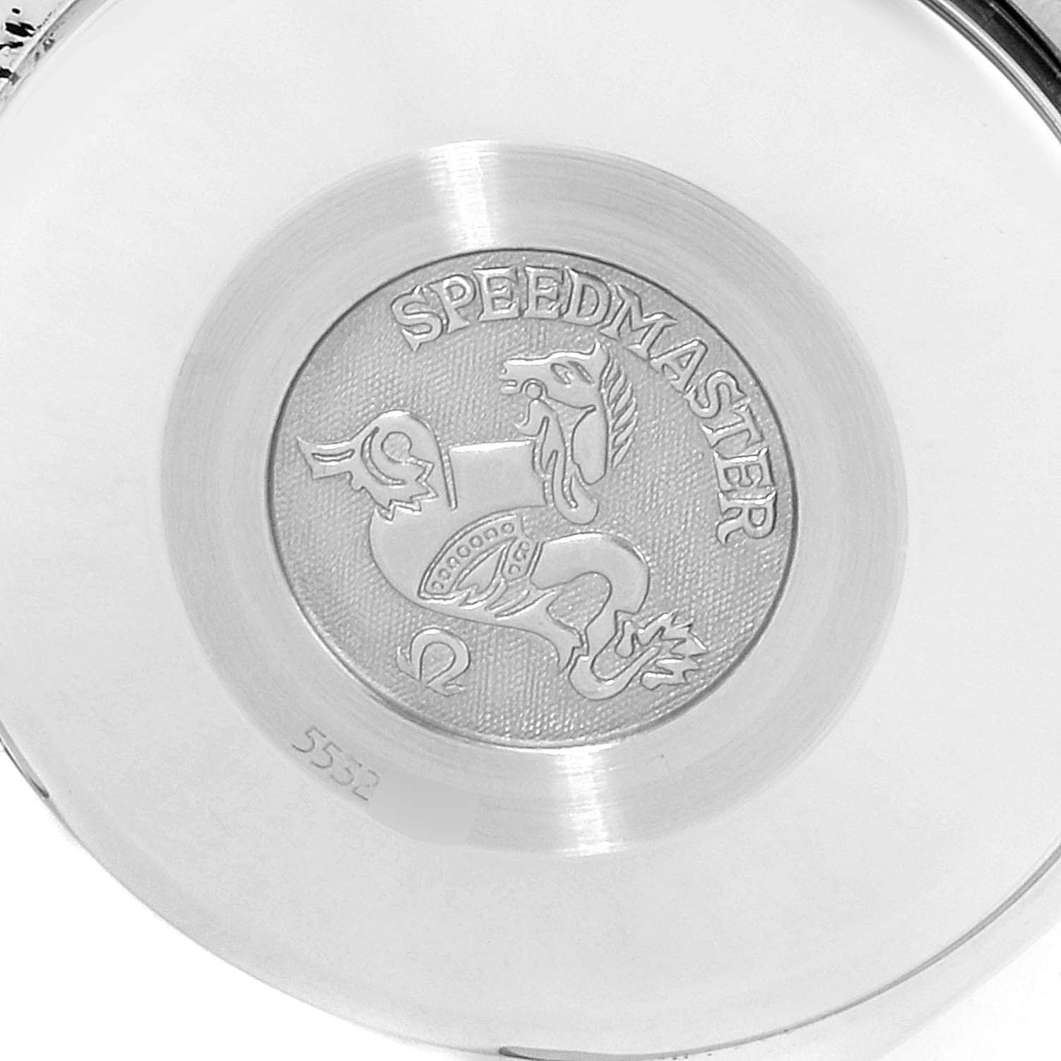 The image shows the case back of an Omega Speedmaster 3520.53.00 Men's Stainless Steel Grey Dial 3520.53.00 Men's Stainless Steel Grey Dial watch, featuring the engraved logo.