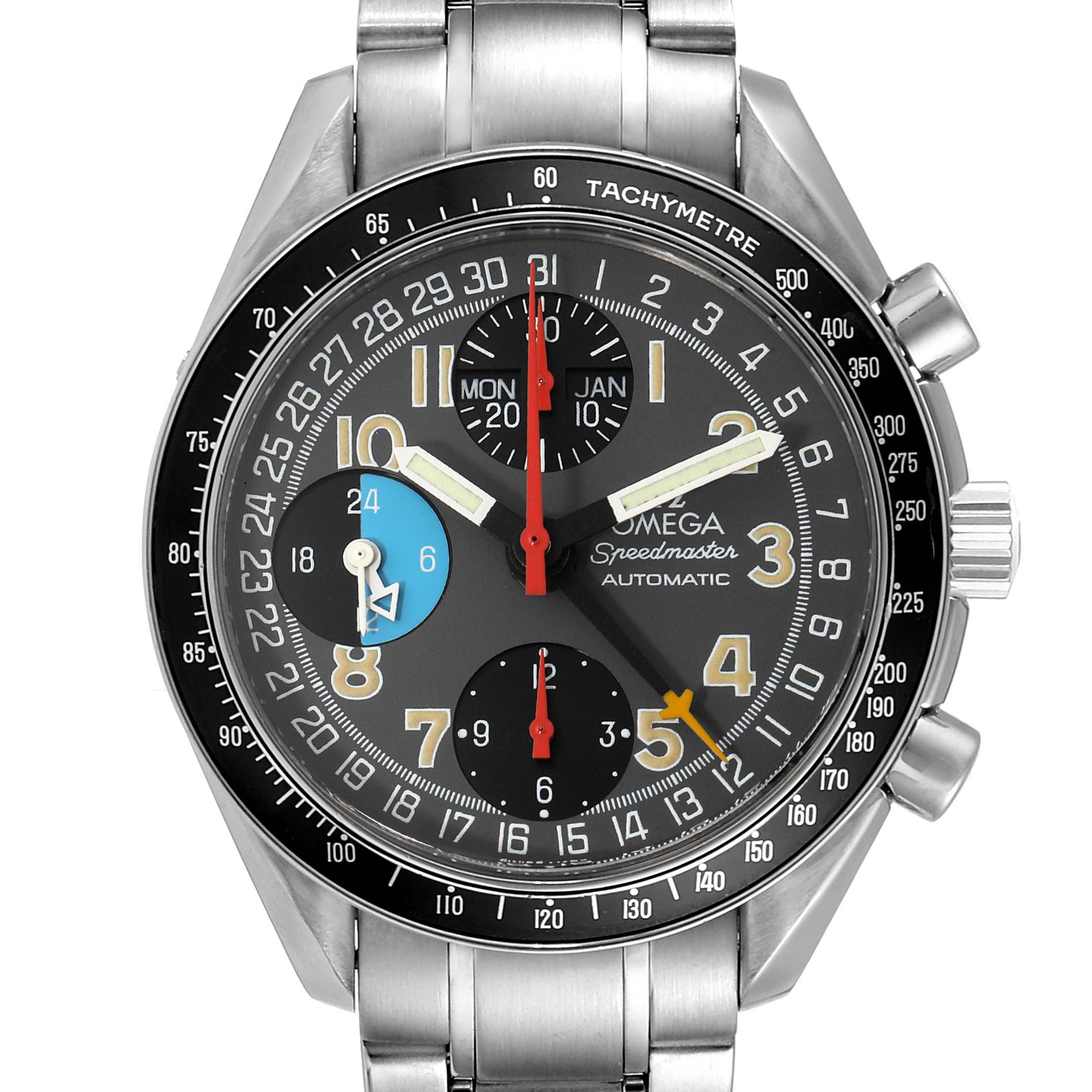 The image shows a front view of the Omega Speedmaster 3520.53.00 Men's Stainless Steel Grey Dial 3520.53.00 Men's Stainless Steel Grey Dial watch, highlighting its dial, three subdials, and tachymeter bezel.