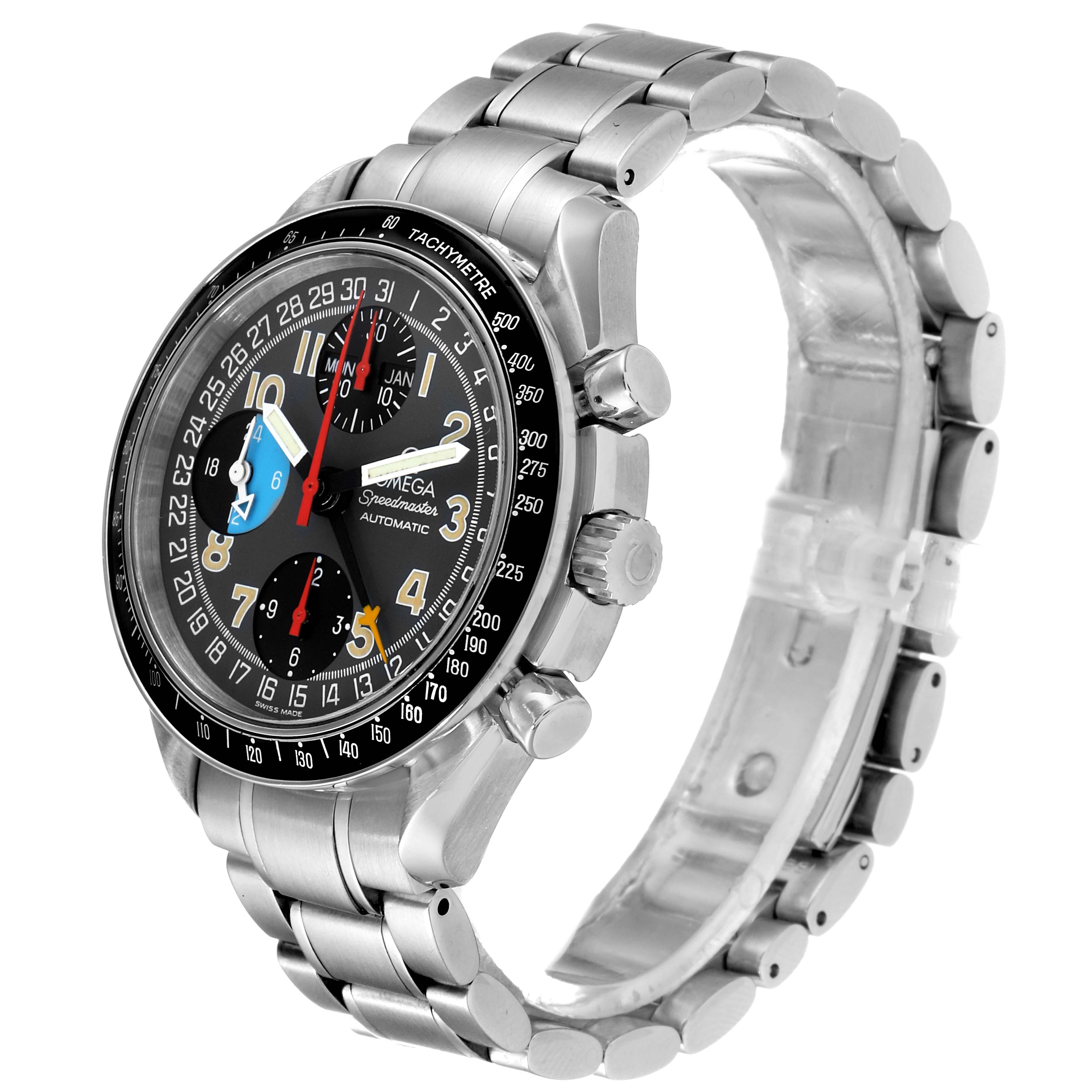 The Omega Speedmaster 3520.53.00 Men's Stainless Steel Grey Dial 3520.53.00 Men's Stainless Steel Grey Dial watch is shown at an angle displaying the face, chronograph buttons, and metal bracelet.