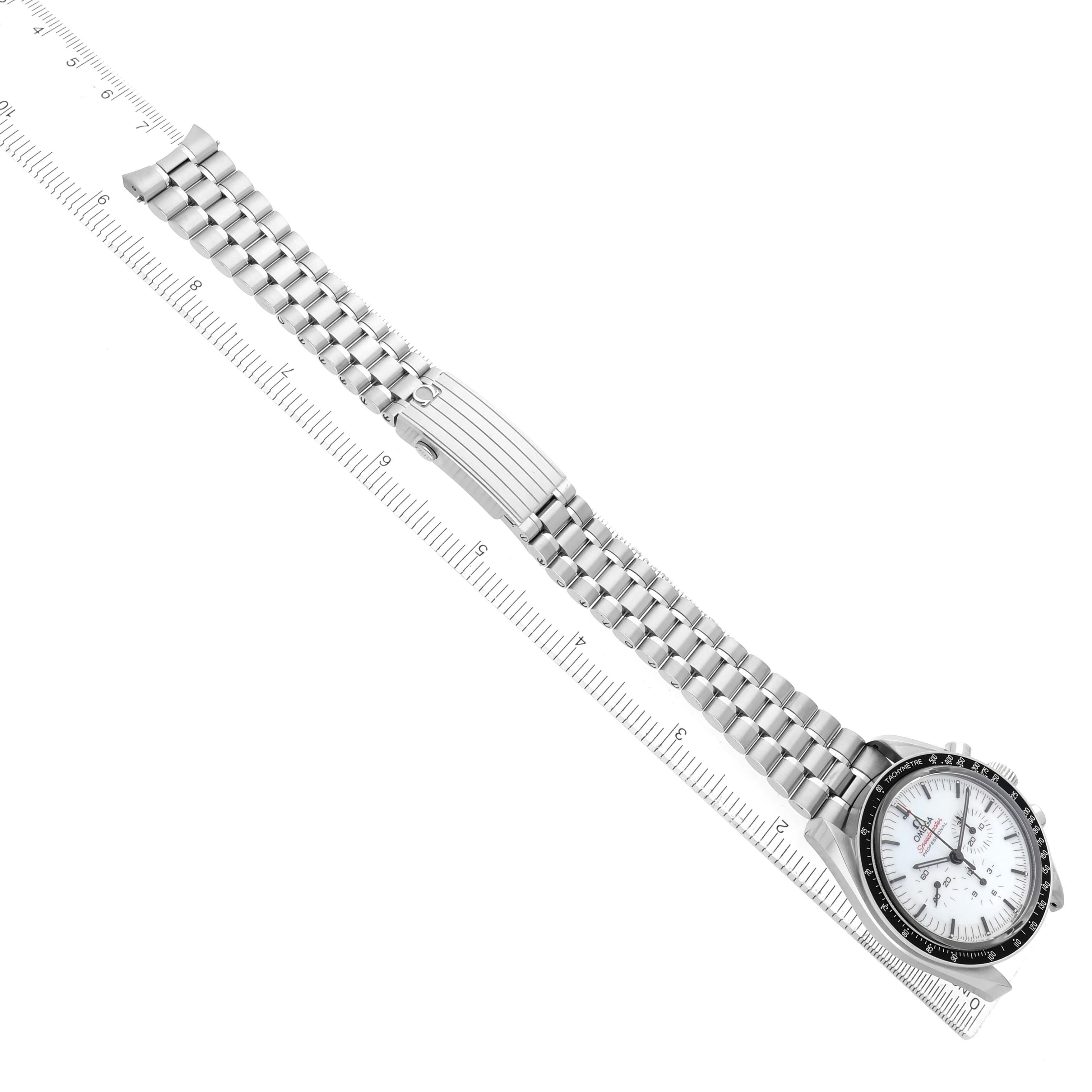 The Omega Speedmaster 310.30.42.50.04.001 Men's Stainless Steel White Dial watch is shown from a top view, highlighting the stainless steel bracelet and clasp.