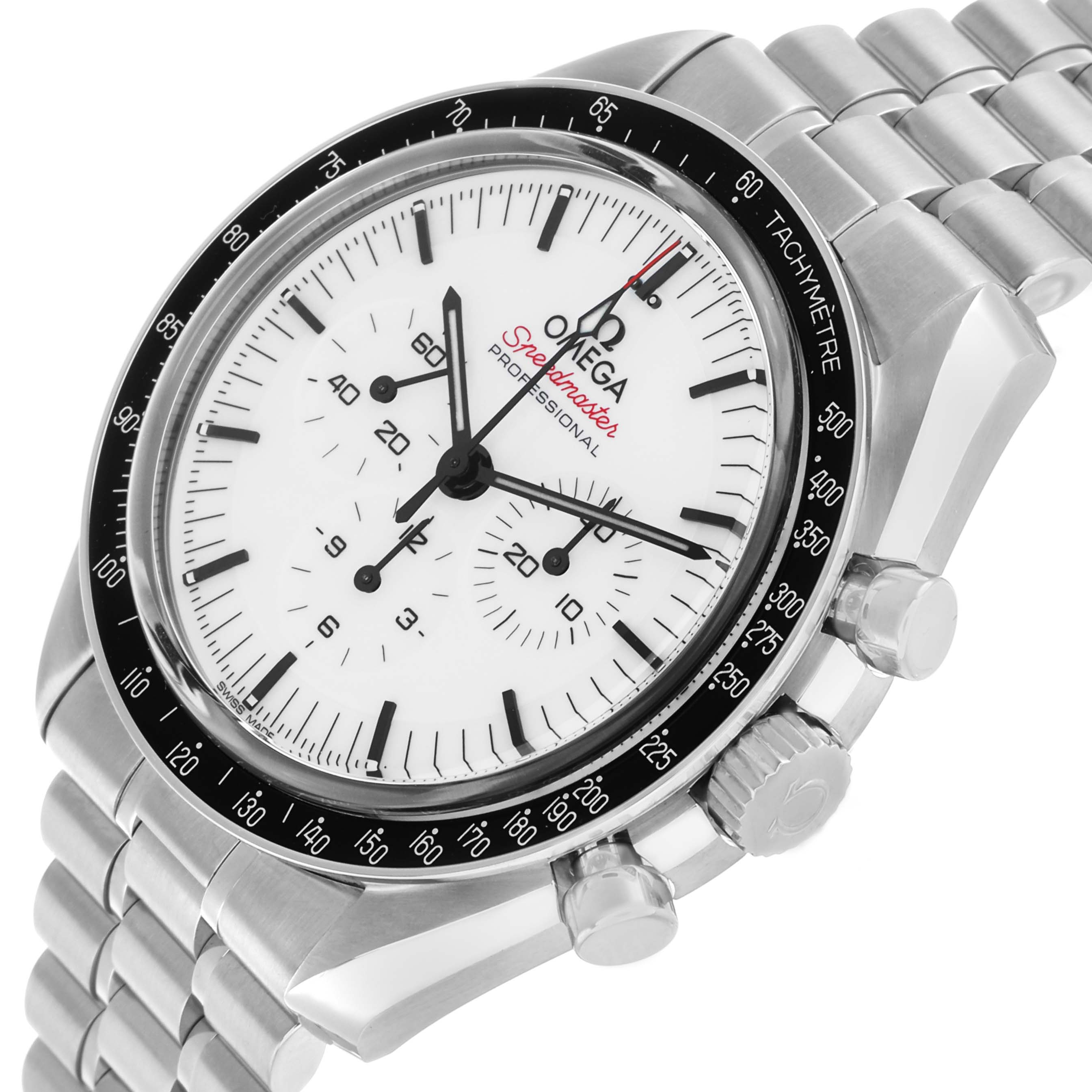 The Omega Speedmaster 310.30.42.50.04.001 Men's Stainless Steel White Dial watch is shown at a slight angle, displaying the dial, tachymetre bezel, and chronograph pushers.