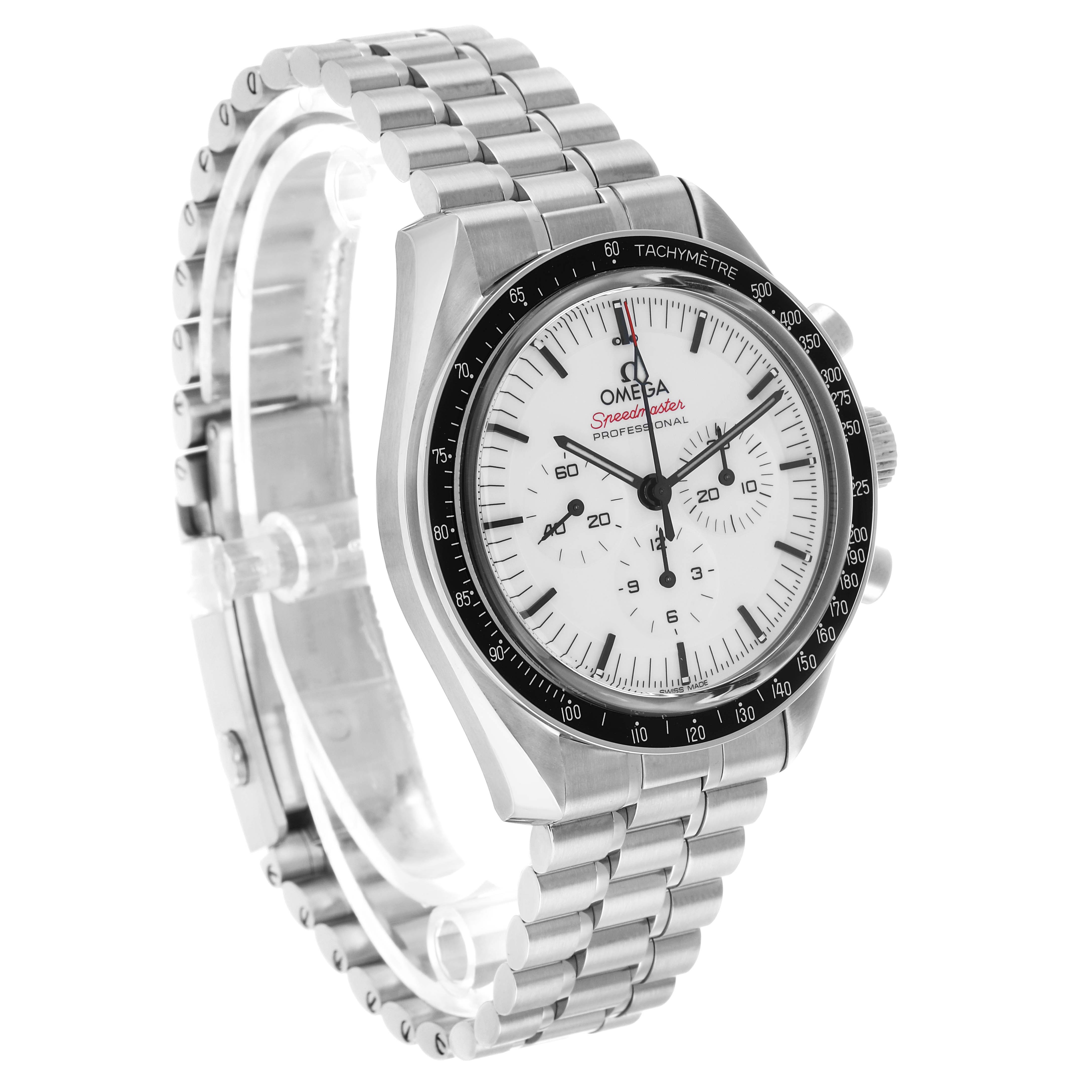 The Omega Speedmaster 310.30.42.50.04.001 Men's Stainless Steel White Dial watch is shown at a three-quarter angle, highlighting the face, bezel, and stainless steel bracelet.