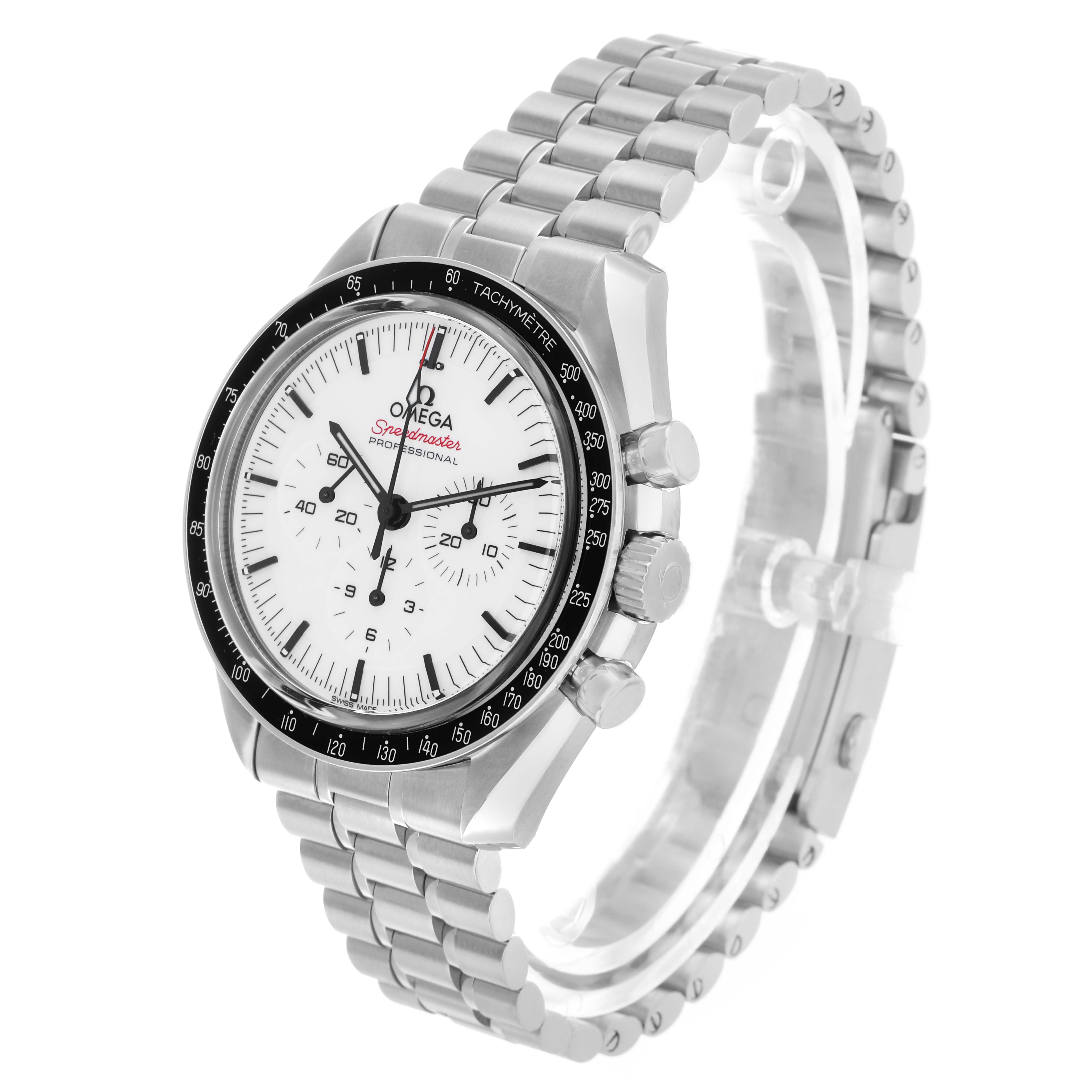 The Omega Speedmaster 310.30.42.50.04.001 Men's Stainless Steel White Dial watch is shown from a front-side angle, highlighting the face, crown, and stainless steel bracelet.