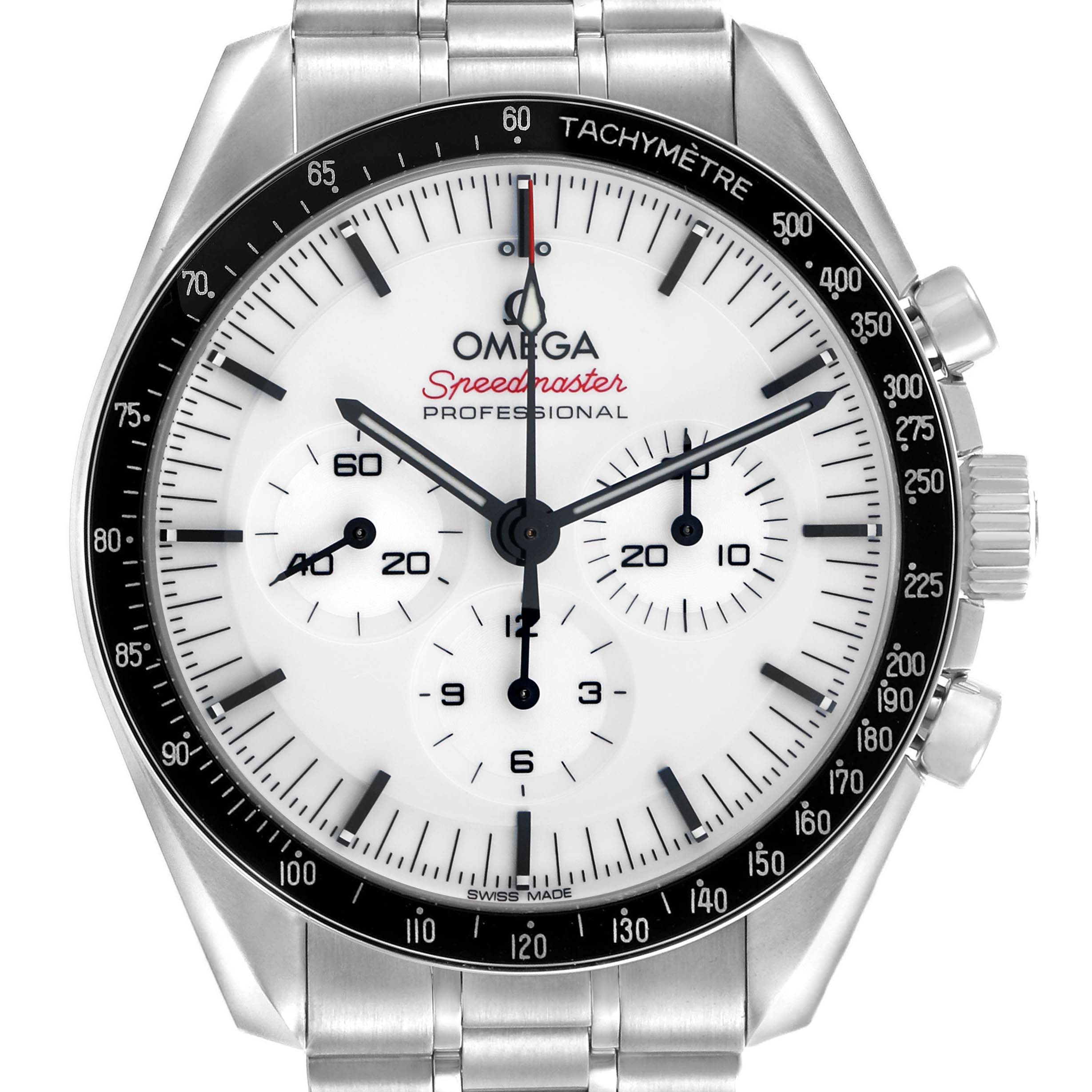 The Omega Speedmaster 310.30.42.50.04.001 Men's Stainless Steel White Dial watch is shown from the front, detailing the face, tachymeter, and part of the bracelet.