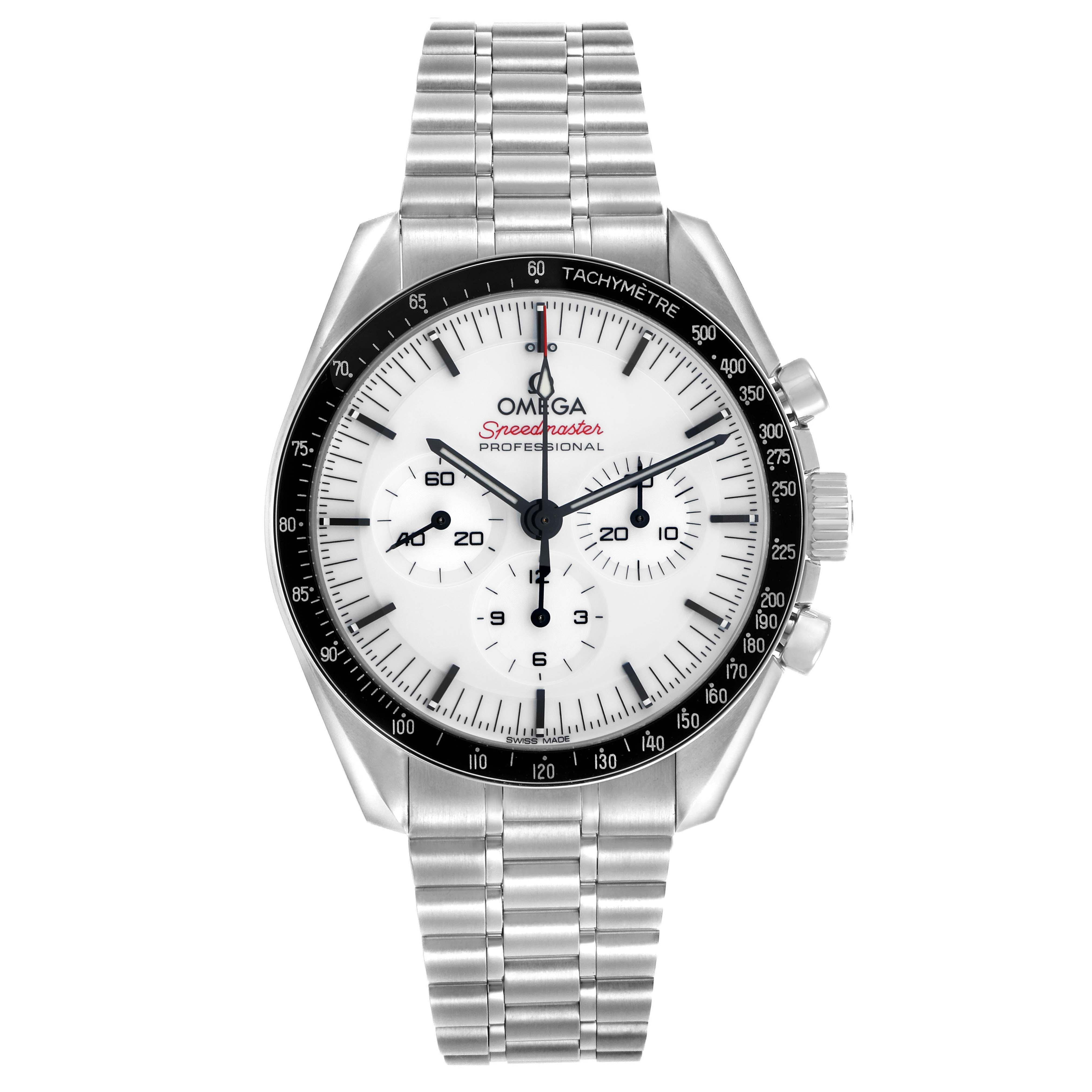 The Omega Speedmaster 310.30.42.50.04.001 Men's Stainless Steel White Dial is shown from the front, displaying its dial, tachymeter bezel, pushers, and stainless steel bracelet.