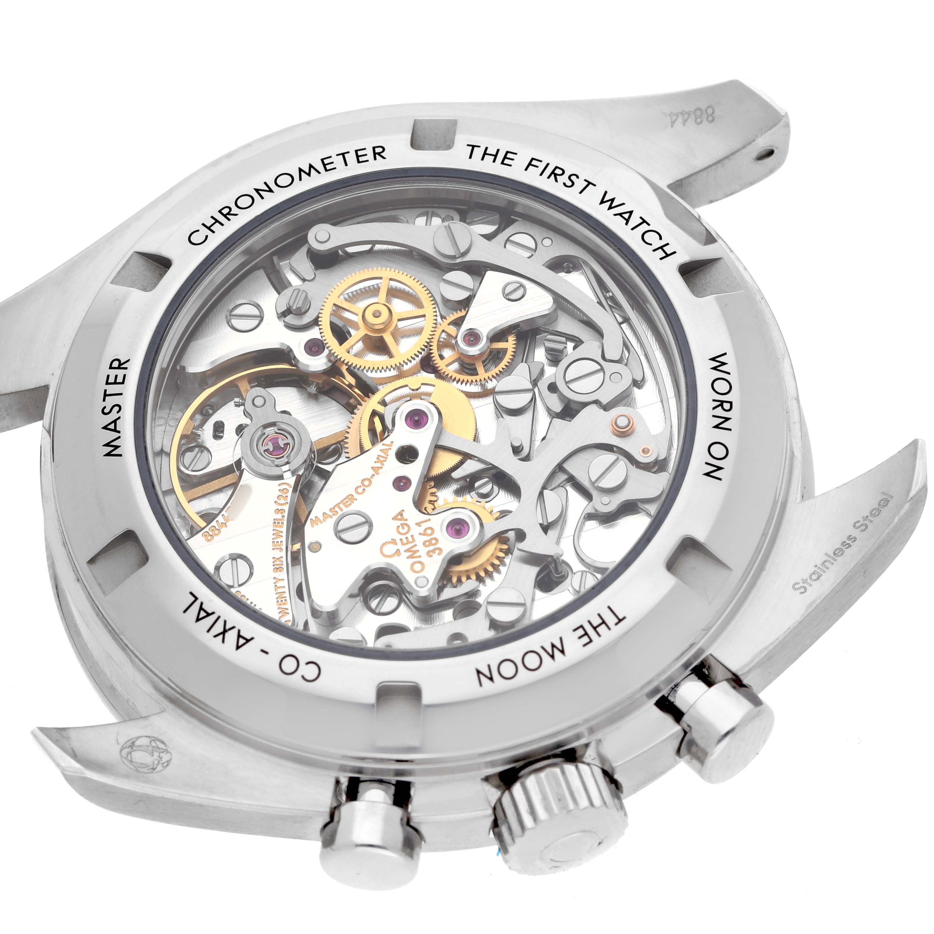 The Omega Speedmaster 310.30.42.50.04.001 Men's Stainless Steel White Dial watch is shown from the back, displaying its intricate mechanical movement.