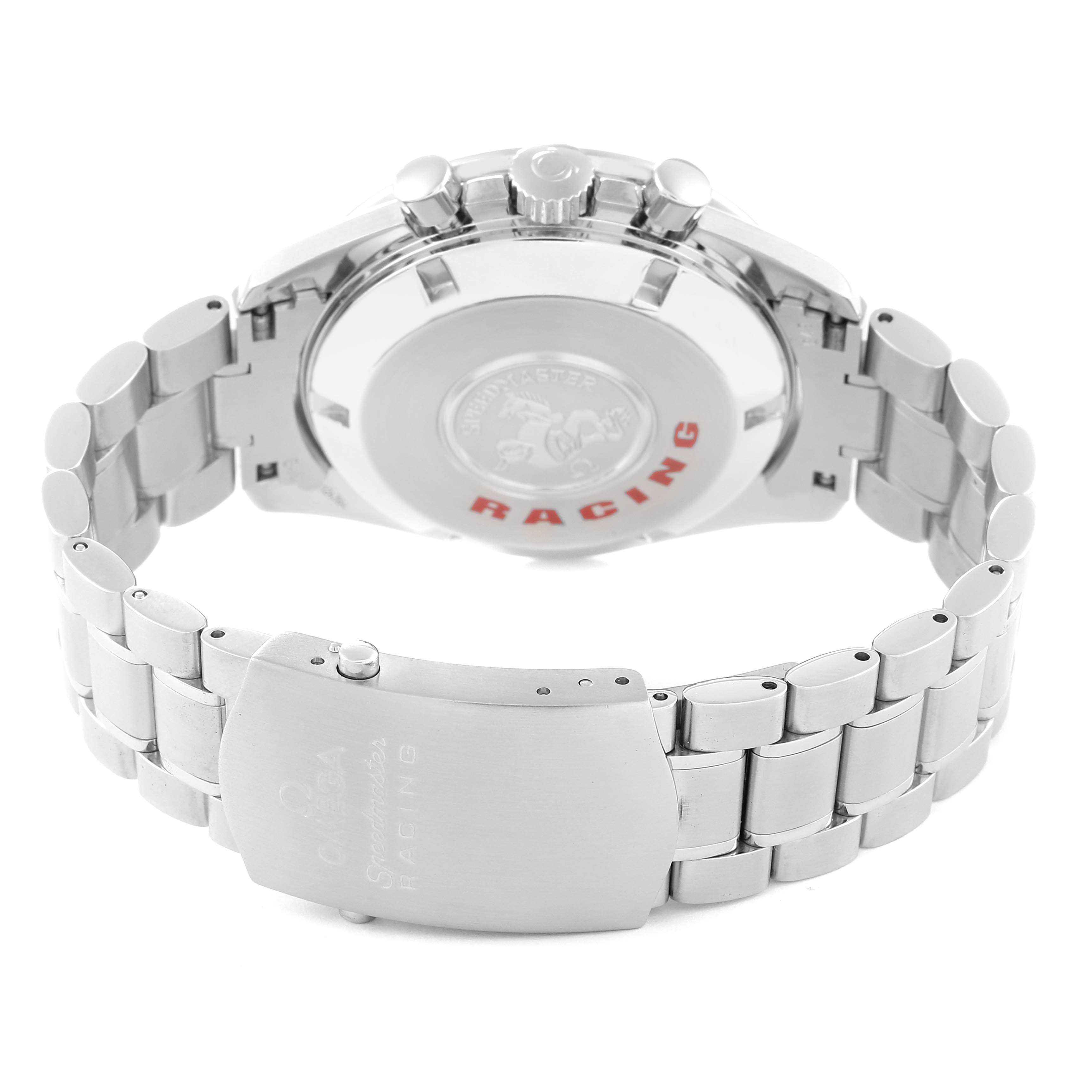 The image shows the back and clasp of an Omega Speedmaster 3552.59.00 Men's Stainless Steel Black Dial 3552.59.00 Men's Stainless Steel Black Dial Racing watch.