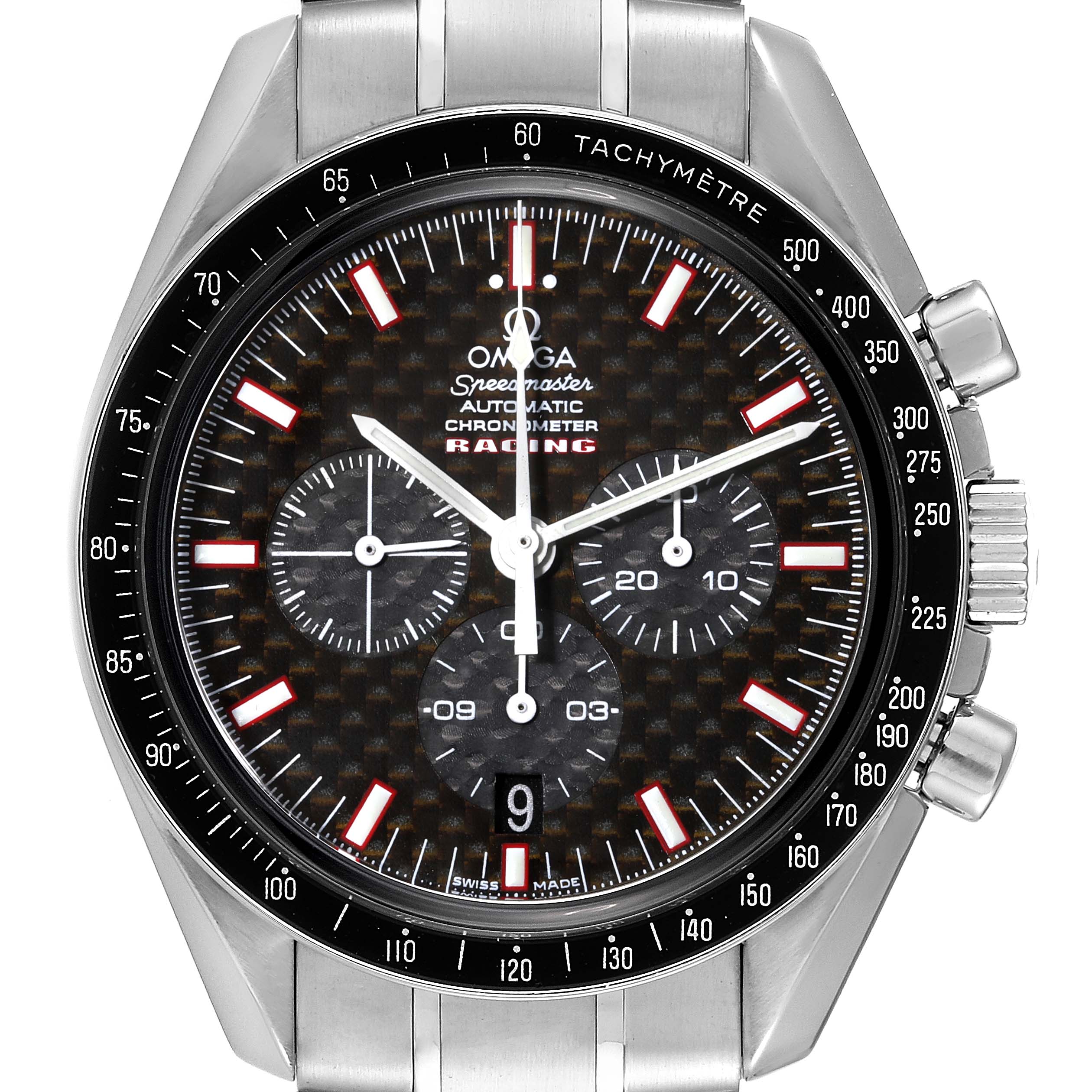 This close-up image shows the face, bezel, and part of the strap of an Omega Speedmaster 3552.59.00 Men's Stainless Steel Black Dial 3552.59.00 Men's Stainless Steel Black Dial Racing watch.