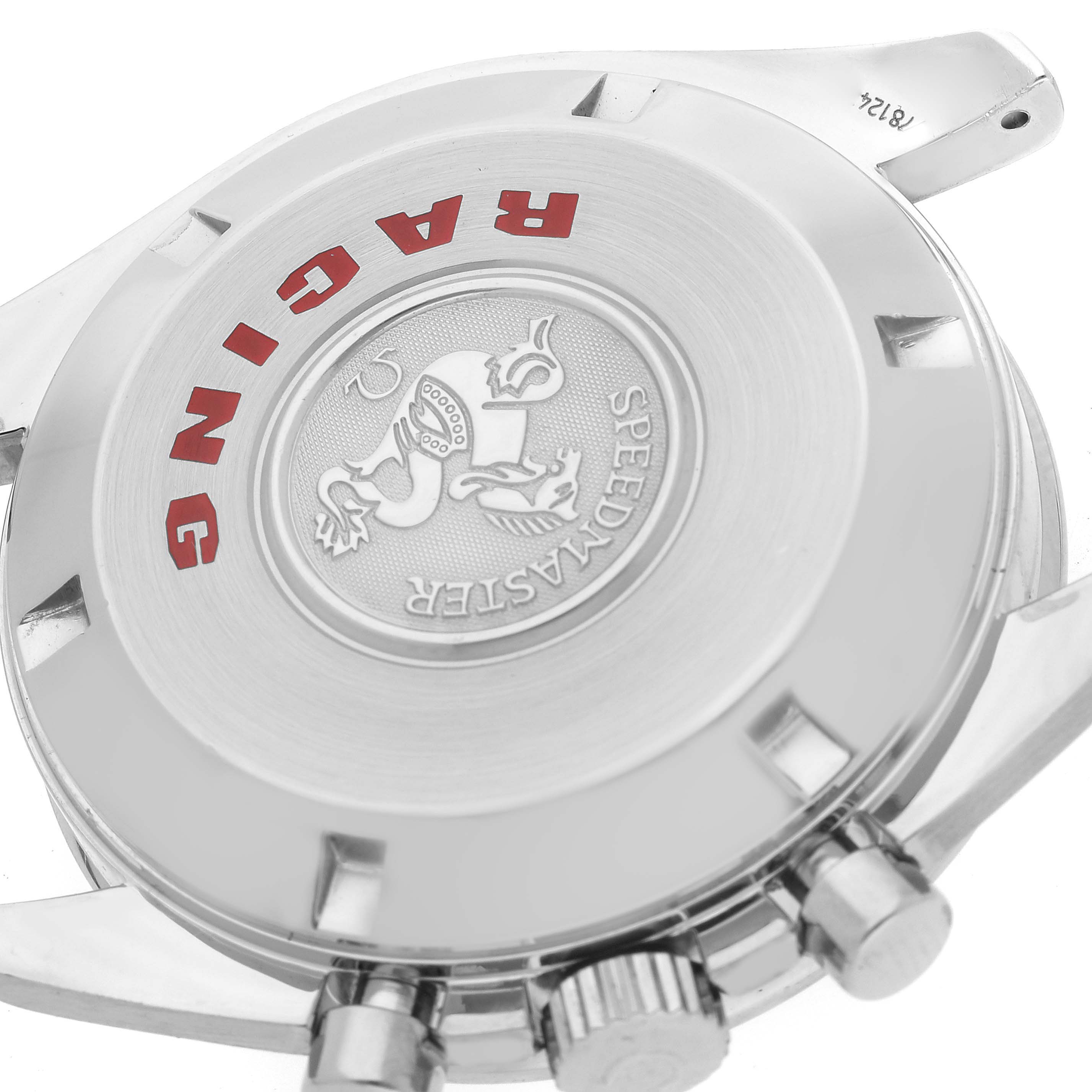 The image shows the case back of an Omega Speedmaster 3552.59.00 Men's Stainless Steel Black Dial 3552.59.00 Men's Stainless Steel Black Dial watch from an angled view, highlighting the branding and logo.